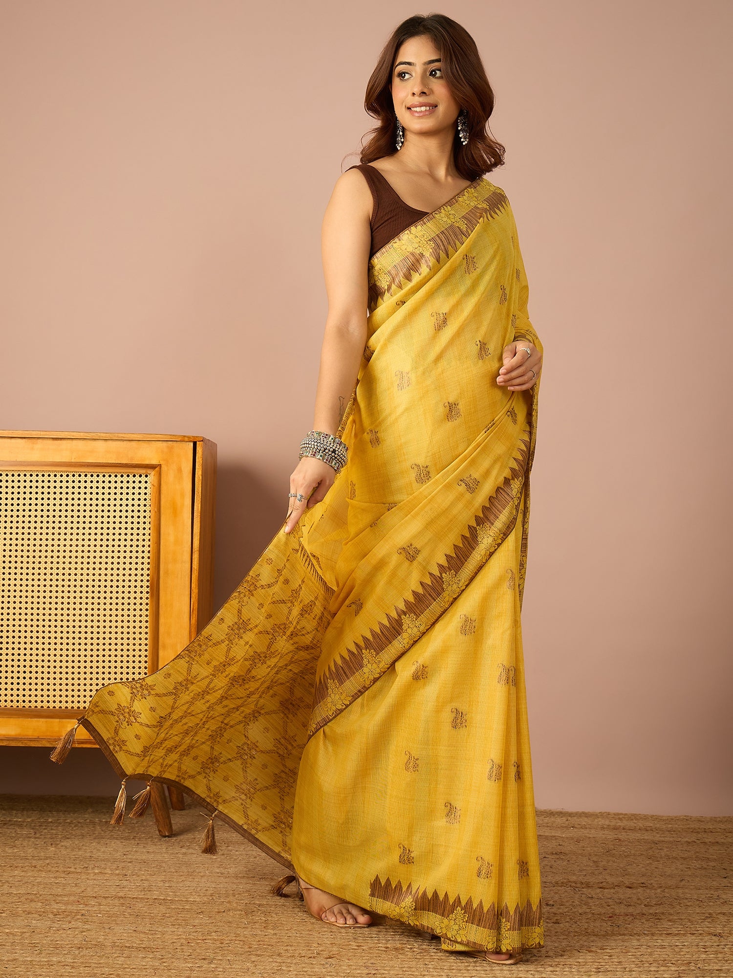 Yellow Brown Temple Border Saree