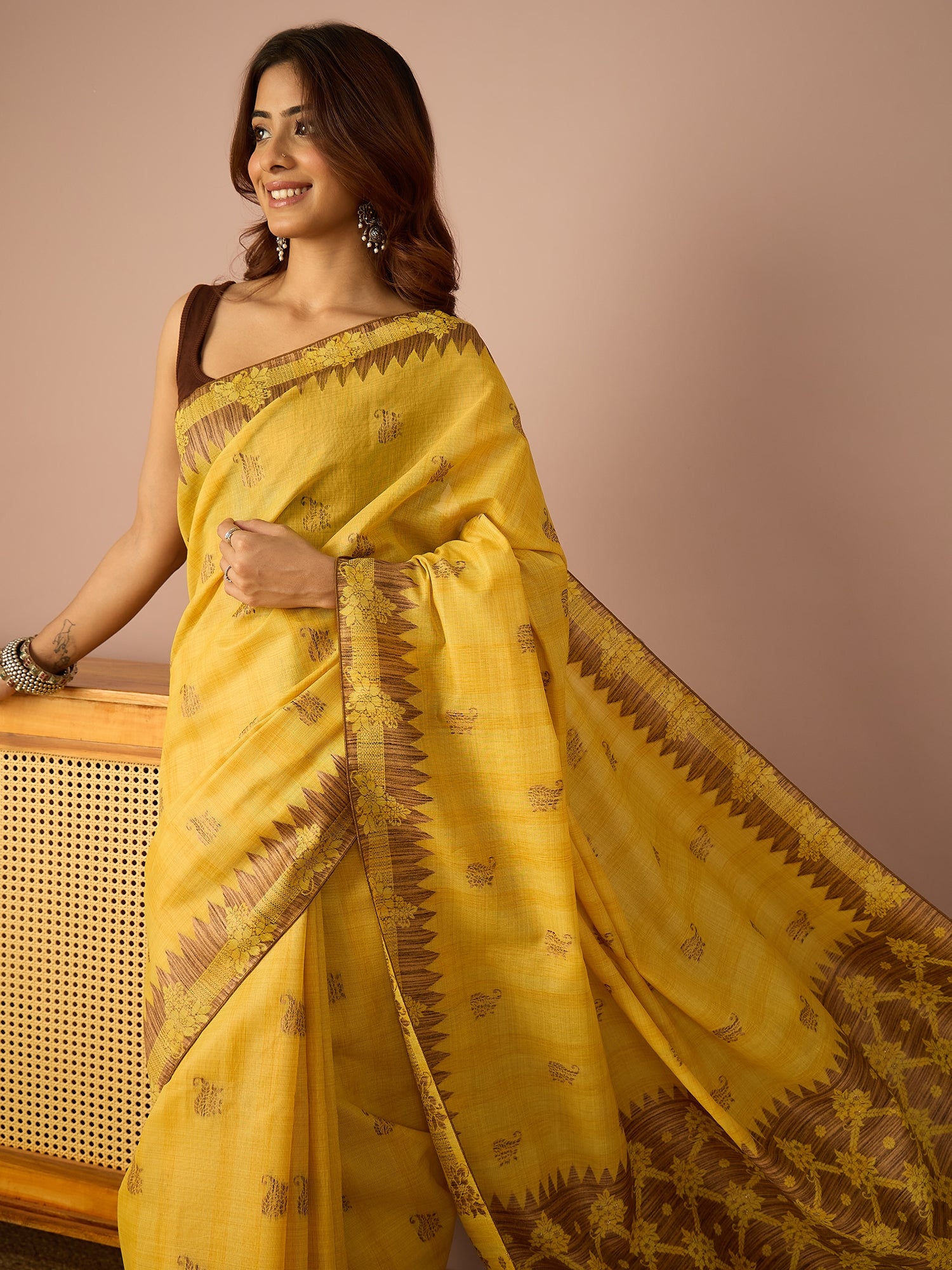 Yellow Brown Temple Border Saree