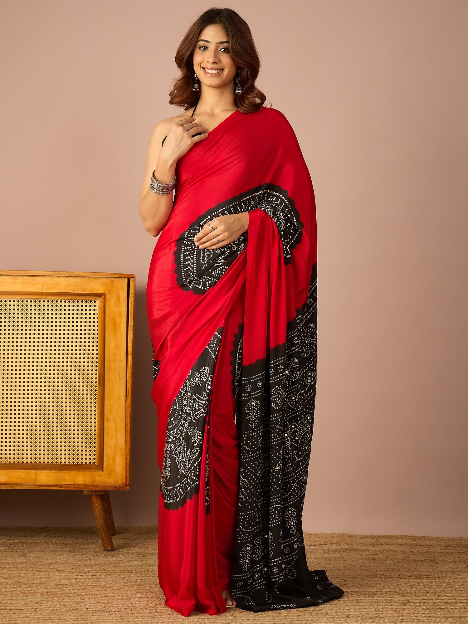 Red Base Black Bandhej Saree