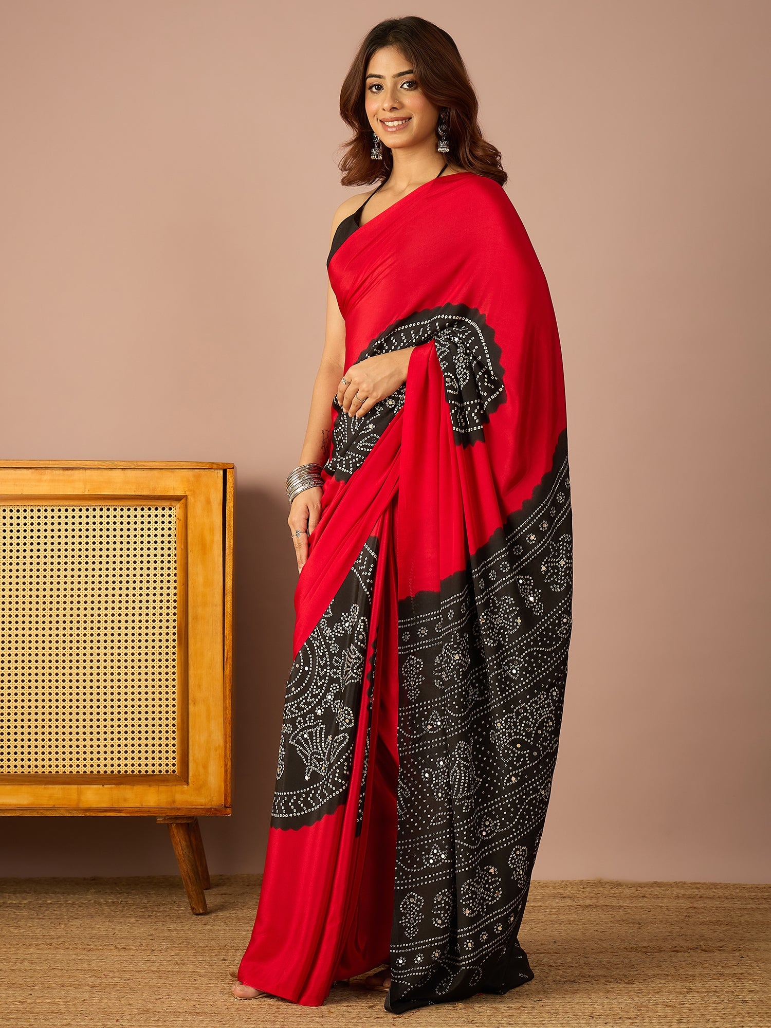 Red Base Black Bandhej Saree