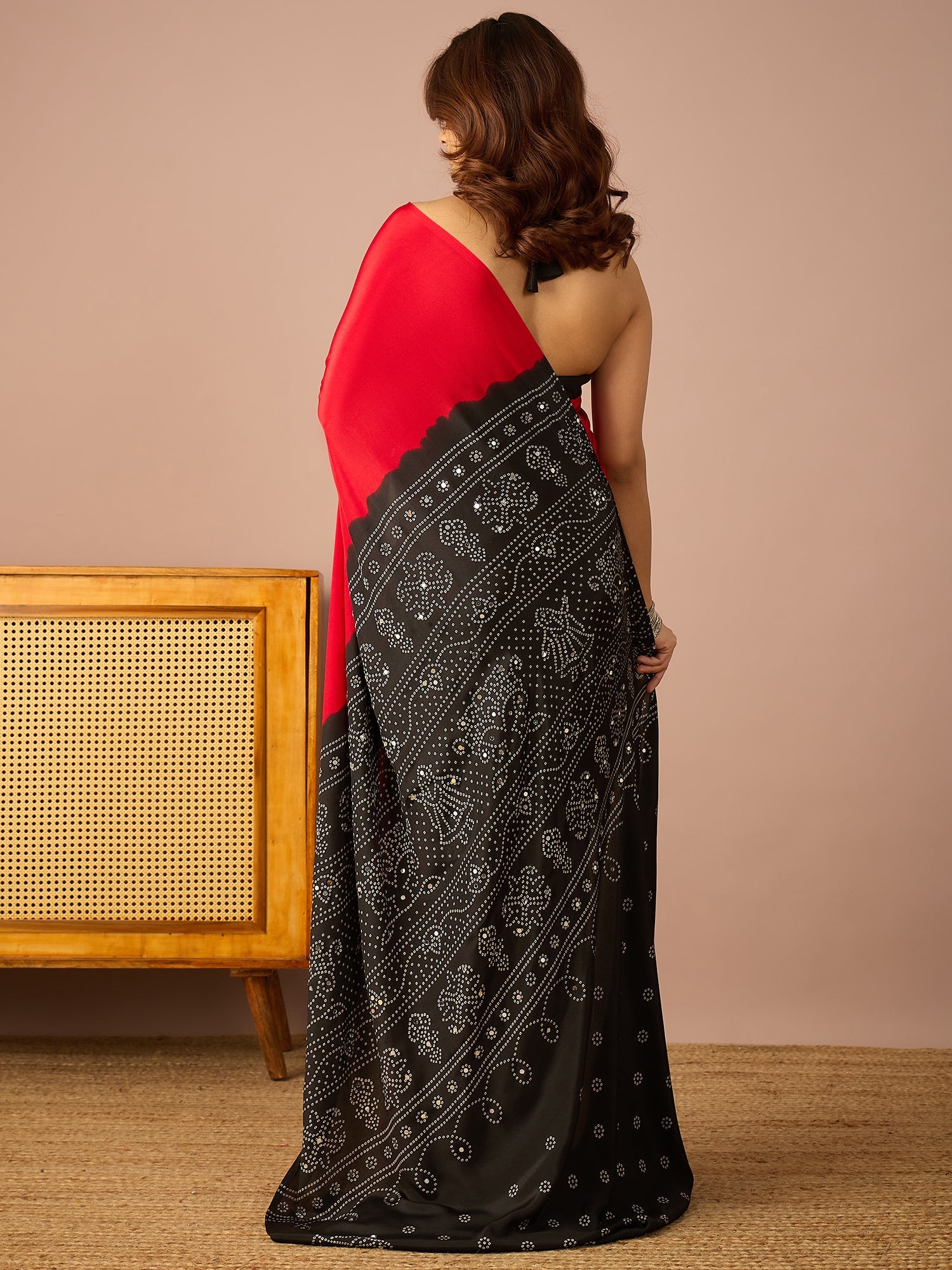 Red Base Black Bandhej Saree