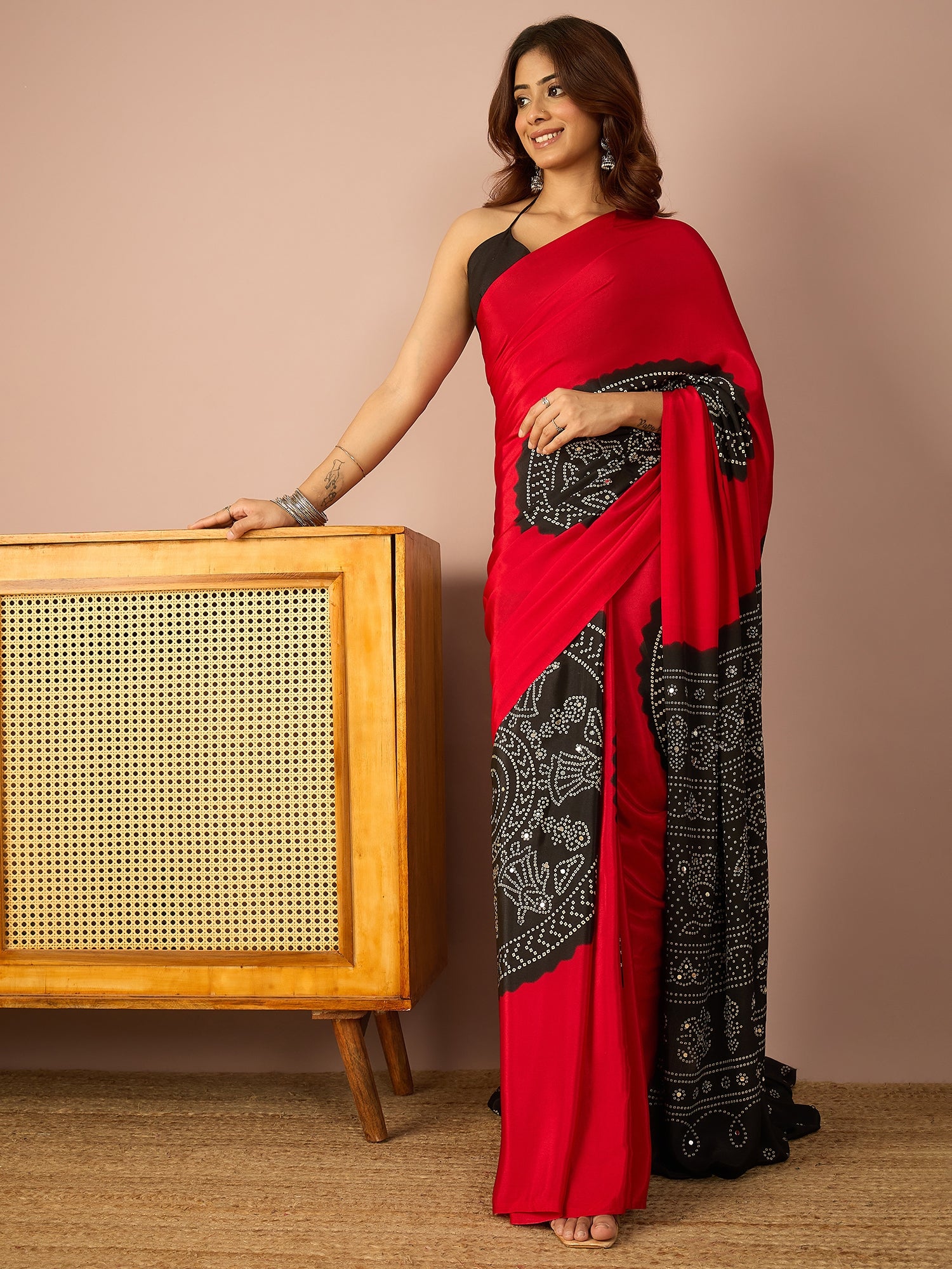 Red Base Black Bandhej Saree