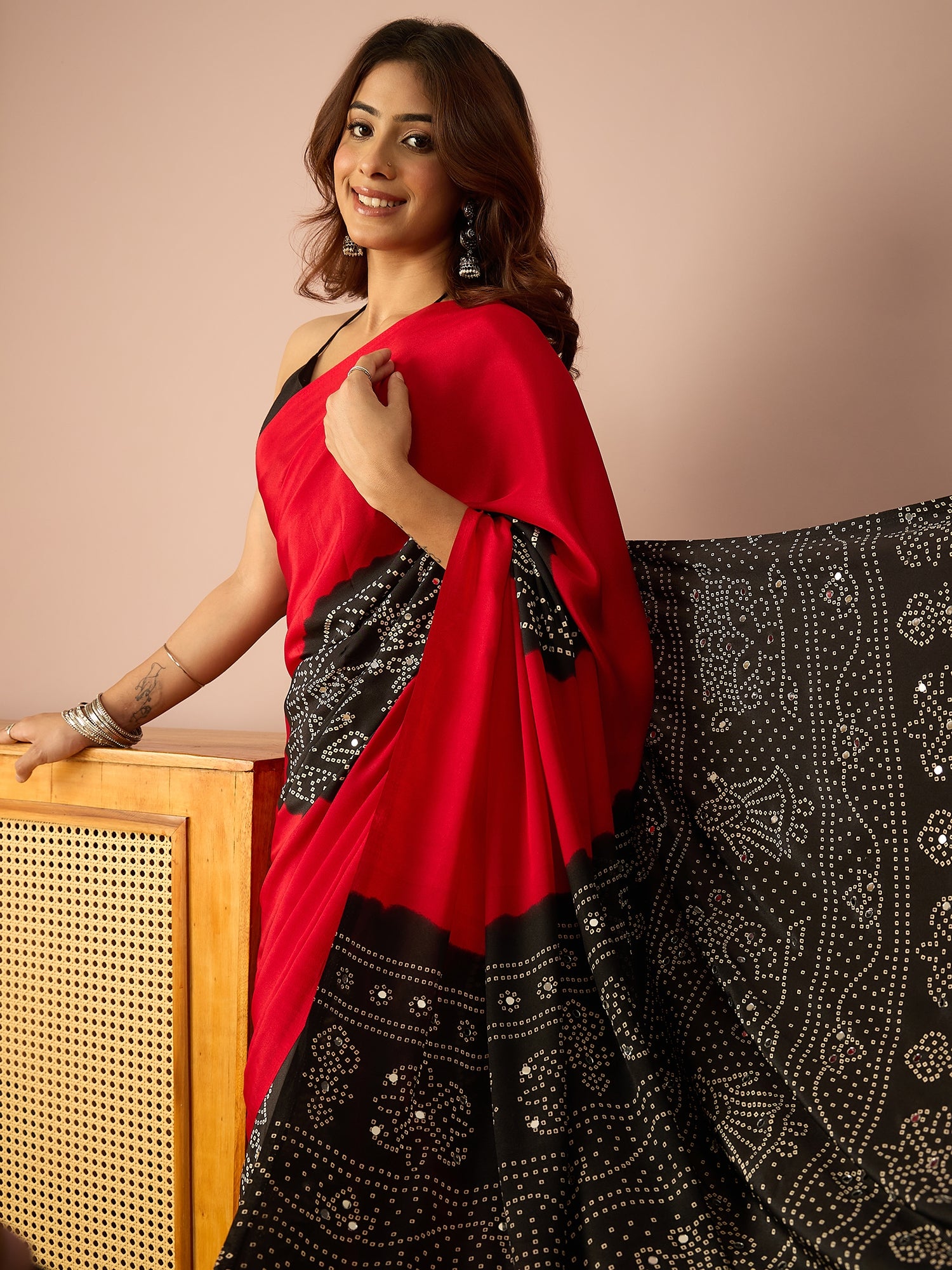 Red Base Black Bandhej Saree