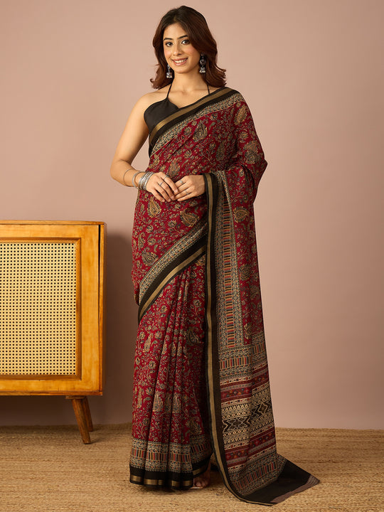 Maroon Kashmiri Print Saree