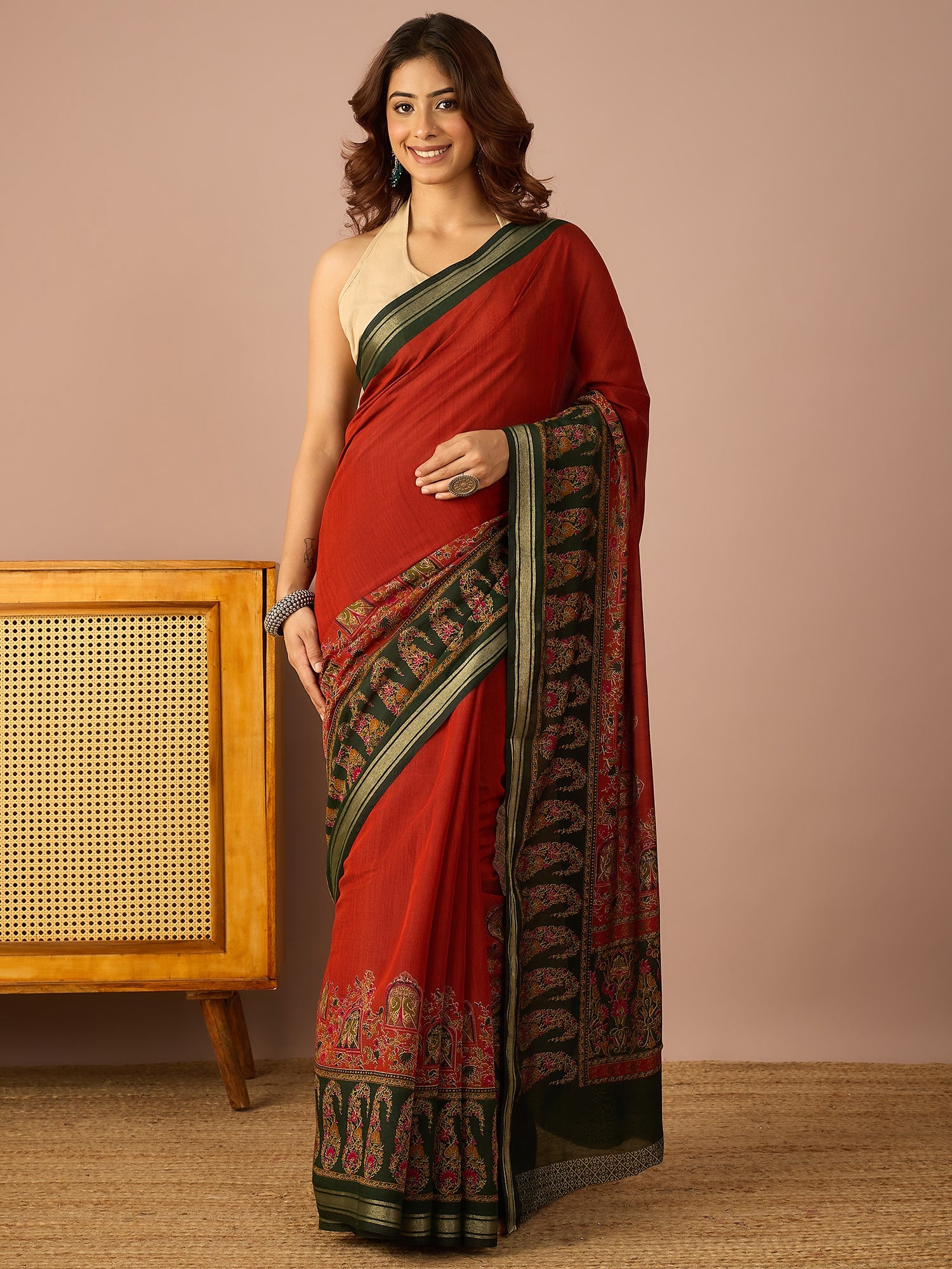 Rust Paisley Border Saree