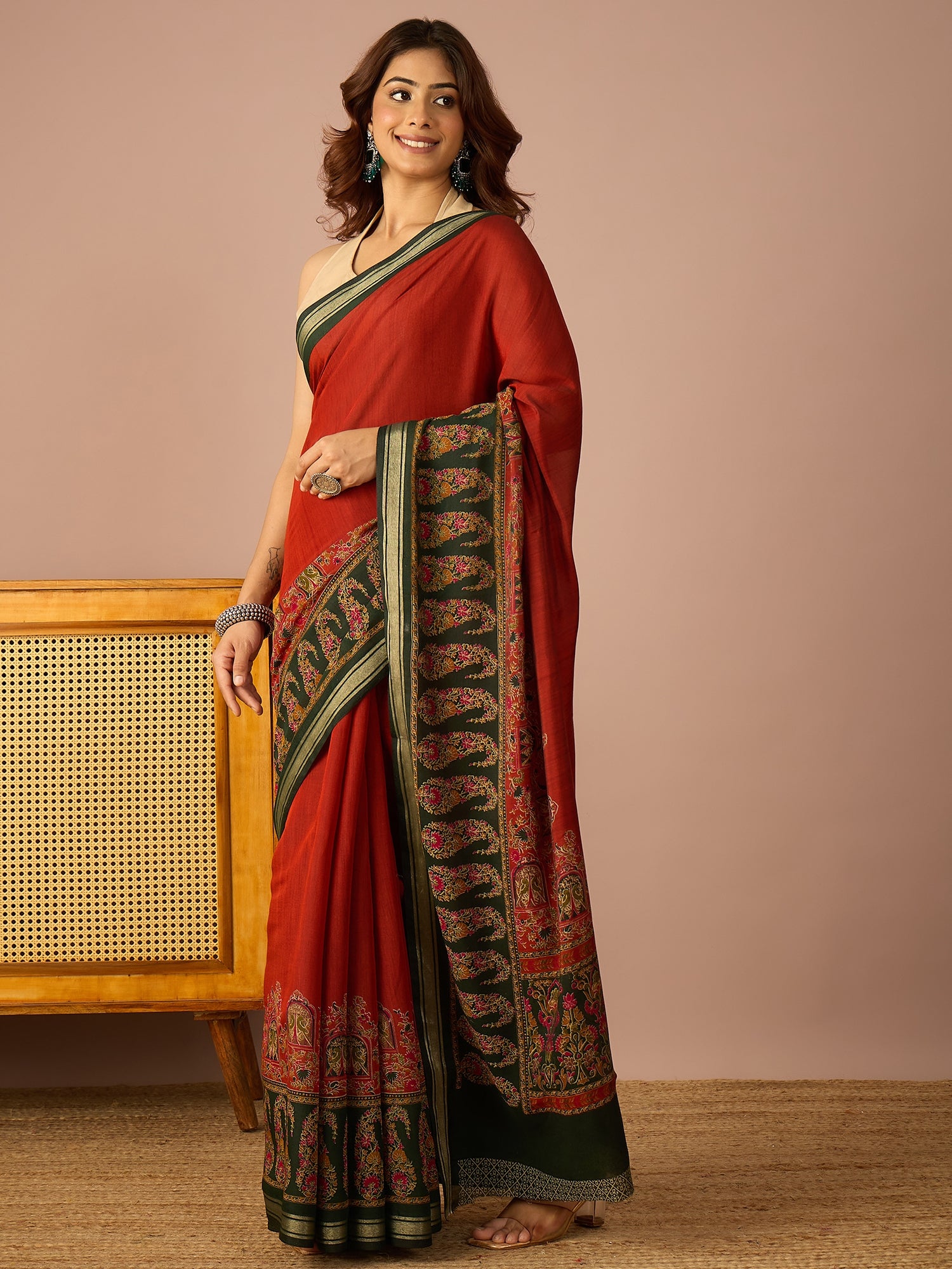 Rust Paisley Border Saree