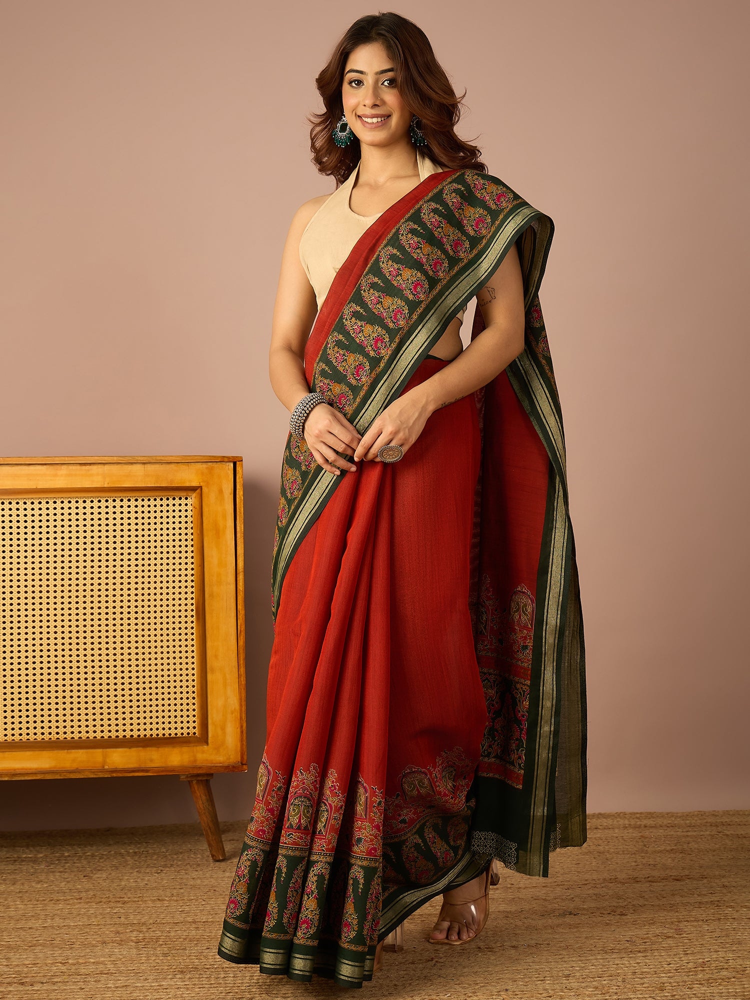 Rust Paisley Border Saree