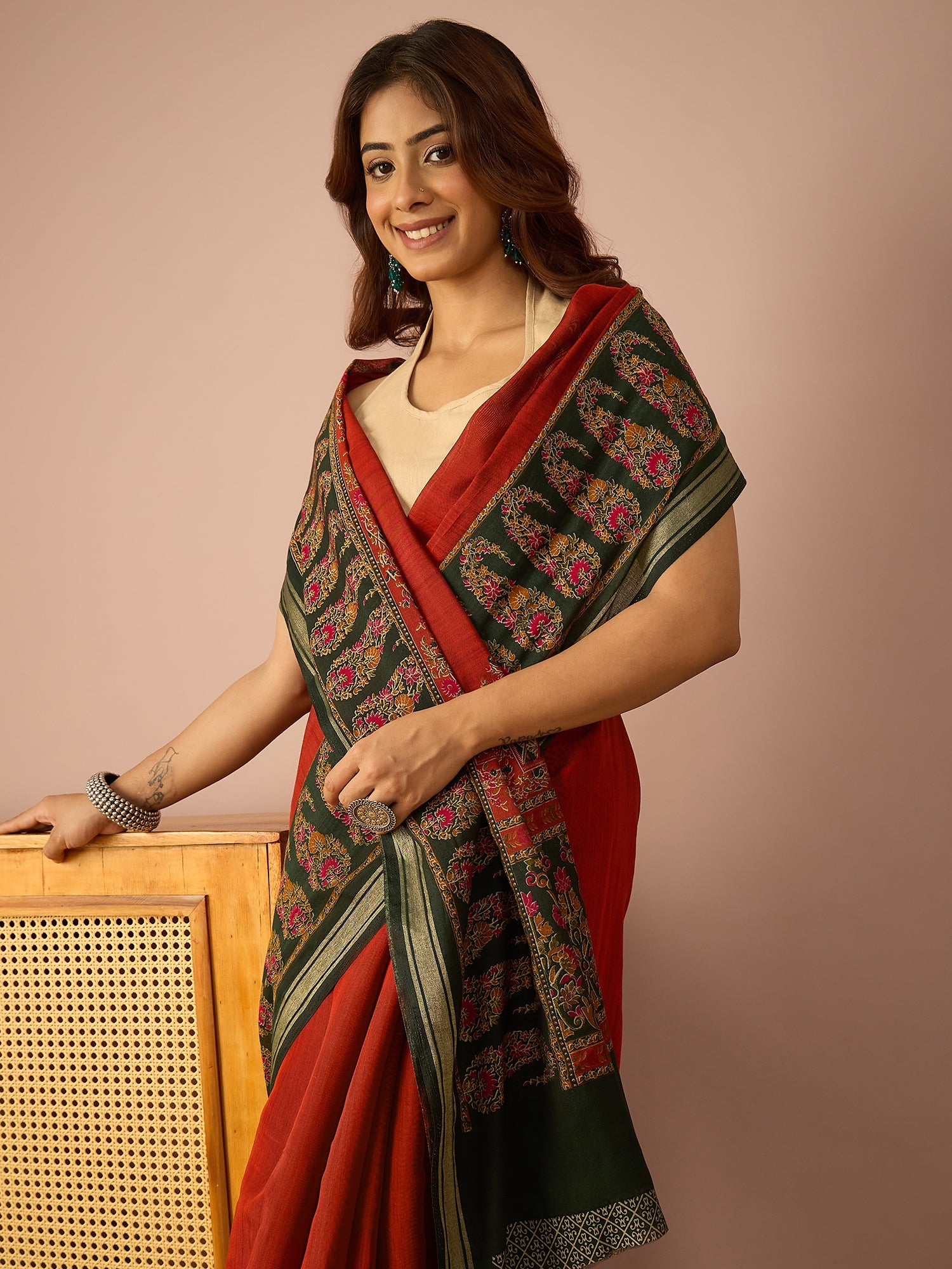 Rust Paisley Border Saree