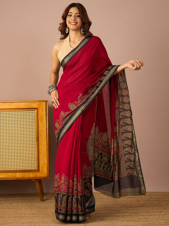 Magenta Paisley Border Saree