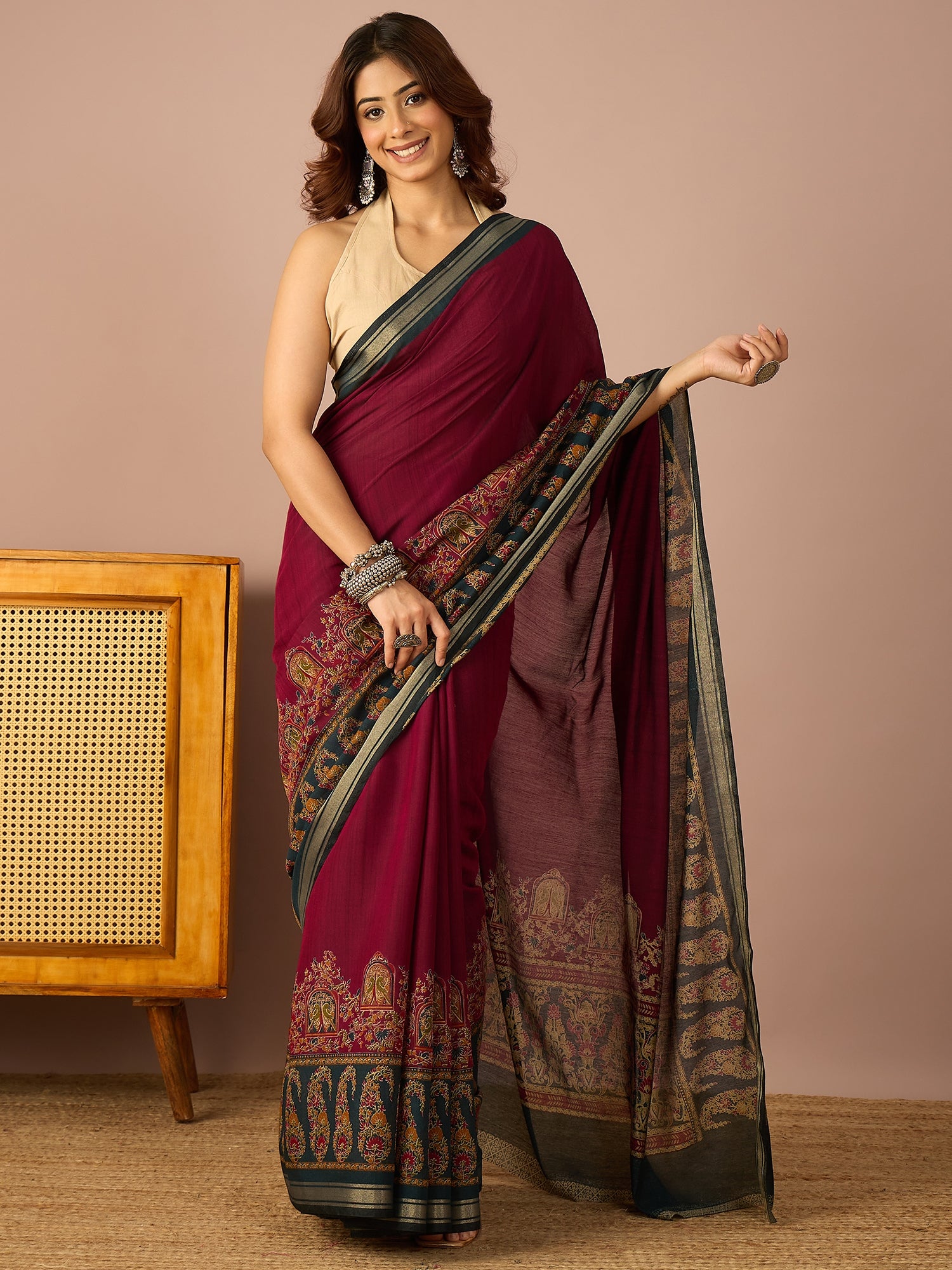 Wine Paisley Border Saree