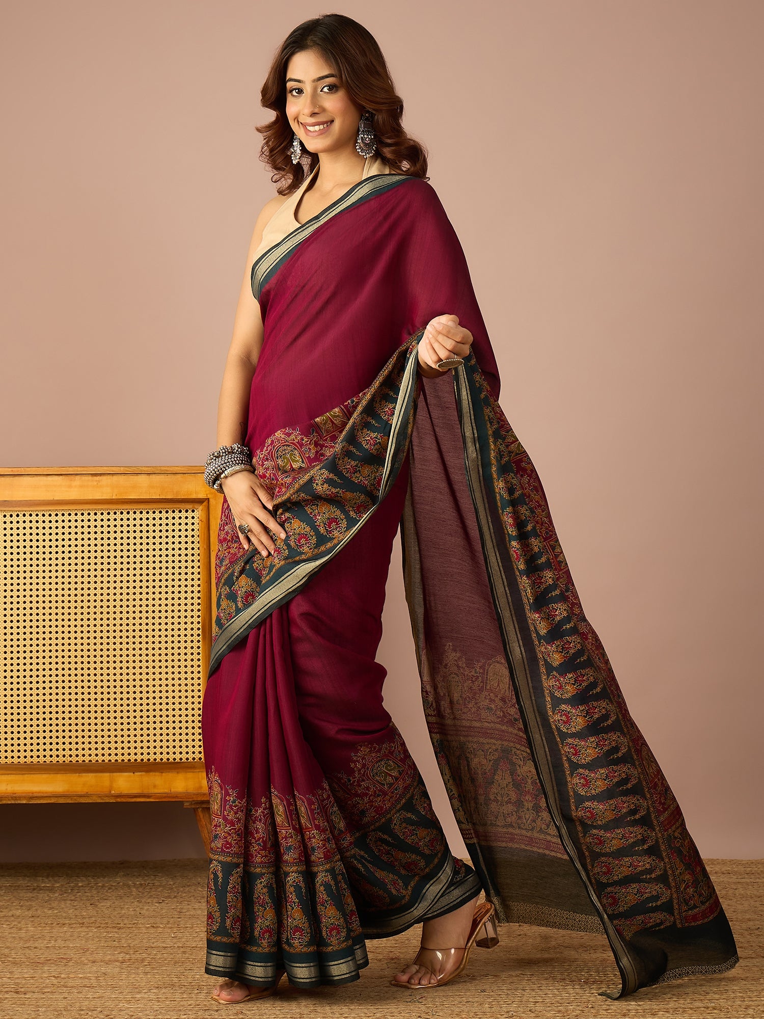 Wine Paisley Border Saree