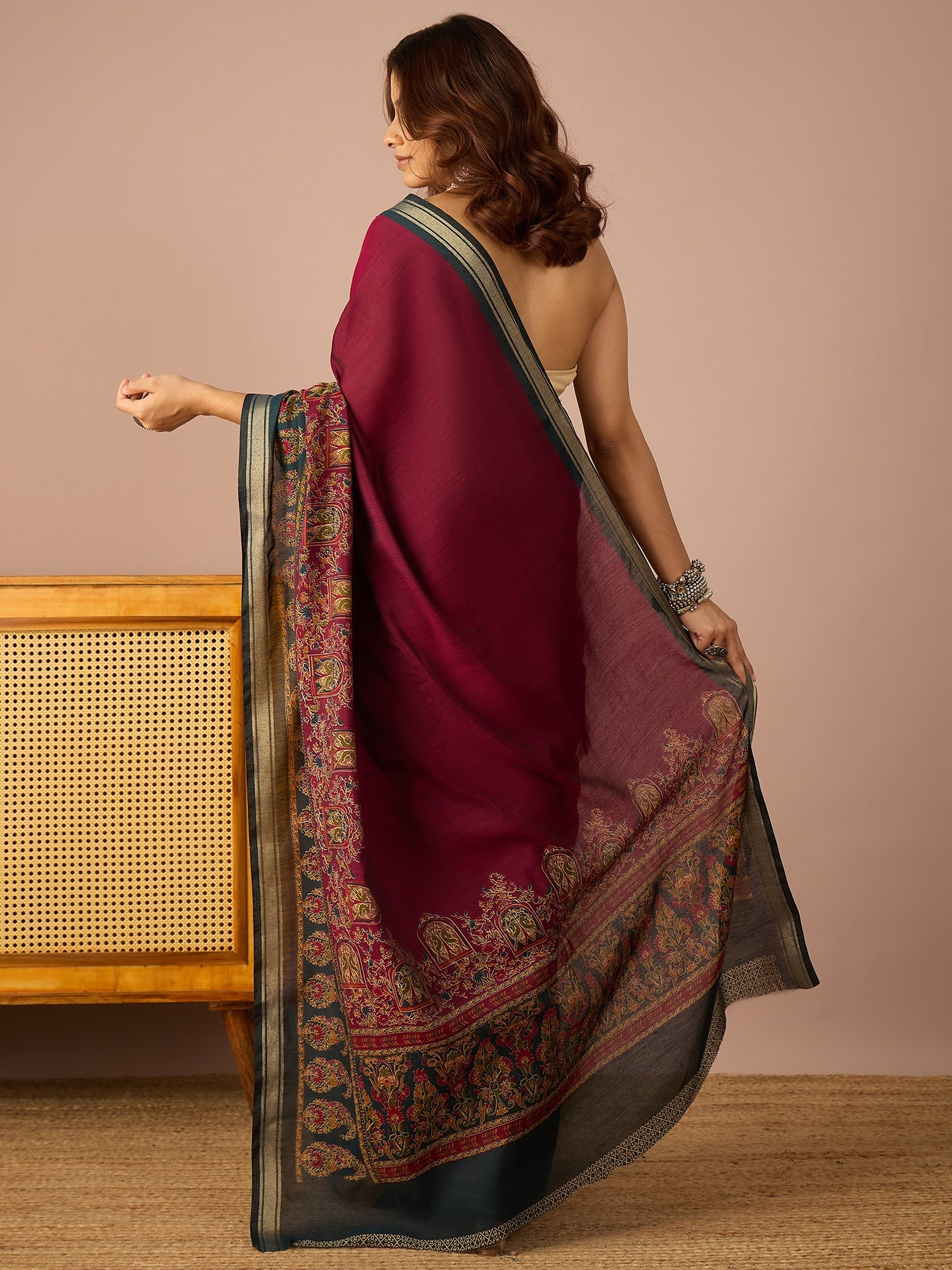 Wine Paisley Border Saree