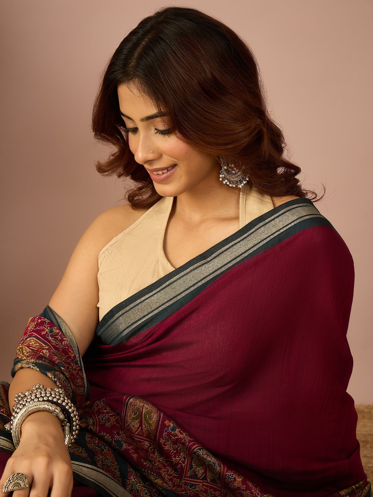 Wine Paisley Border Saree