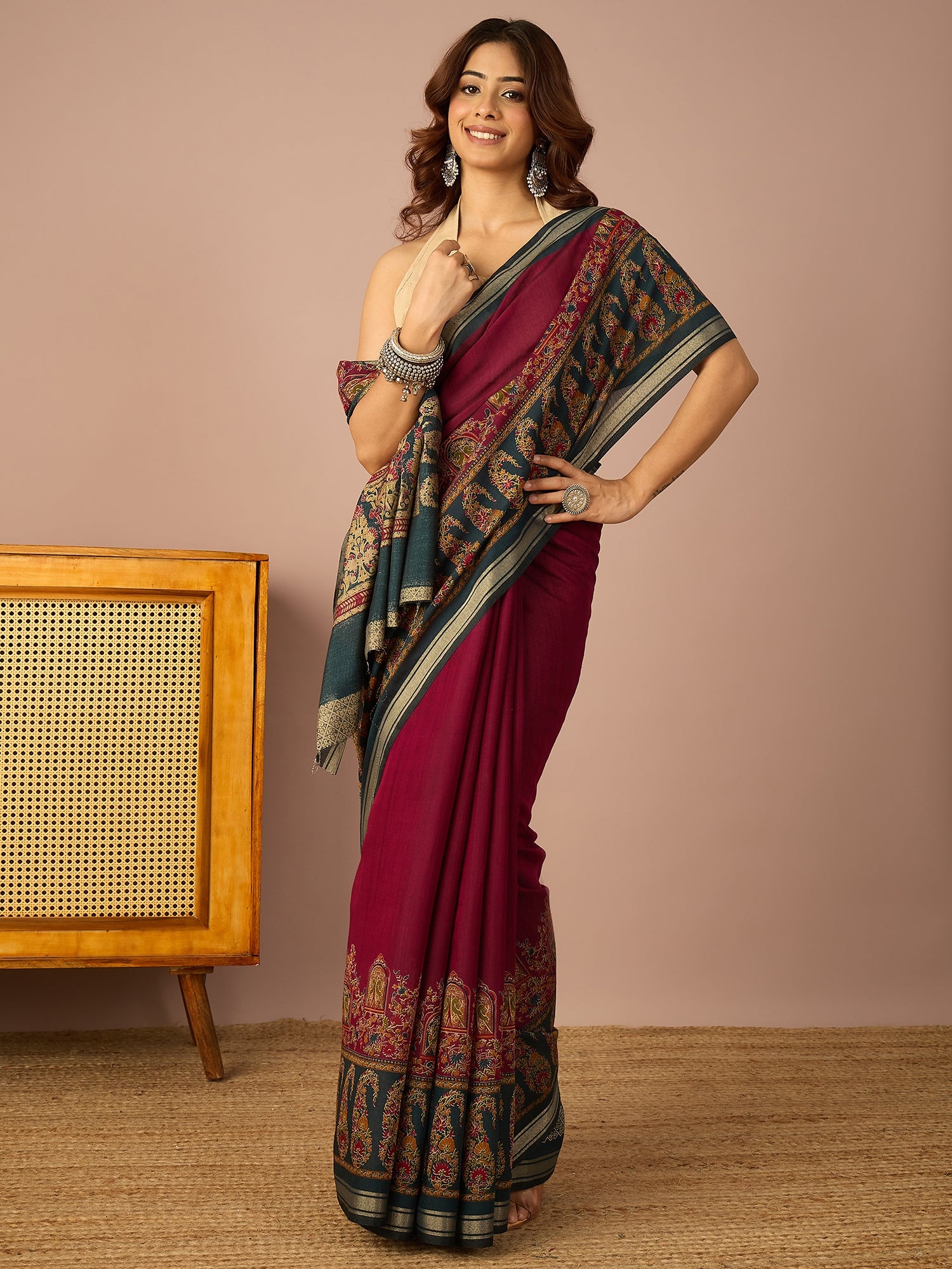 Wine Paisley Border Saree