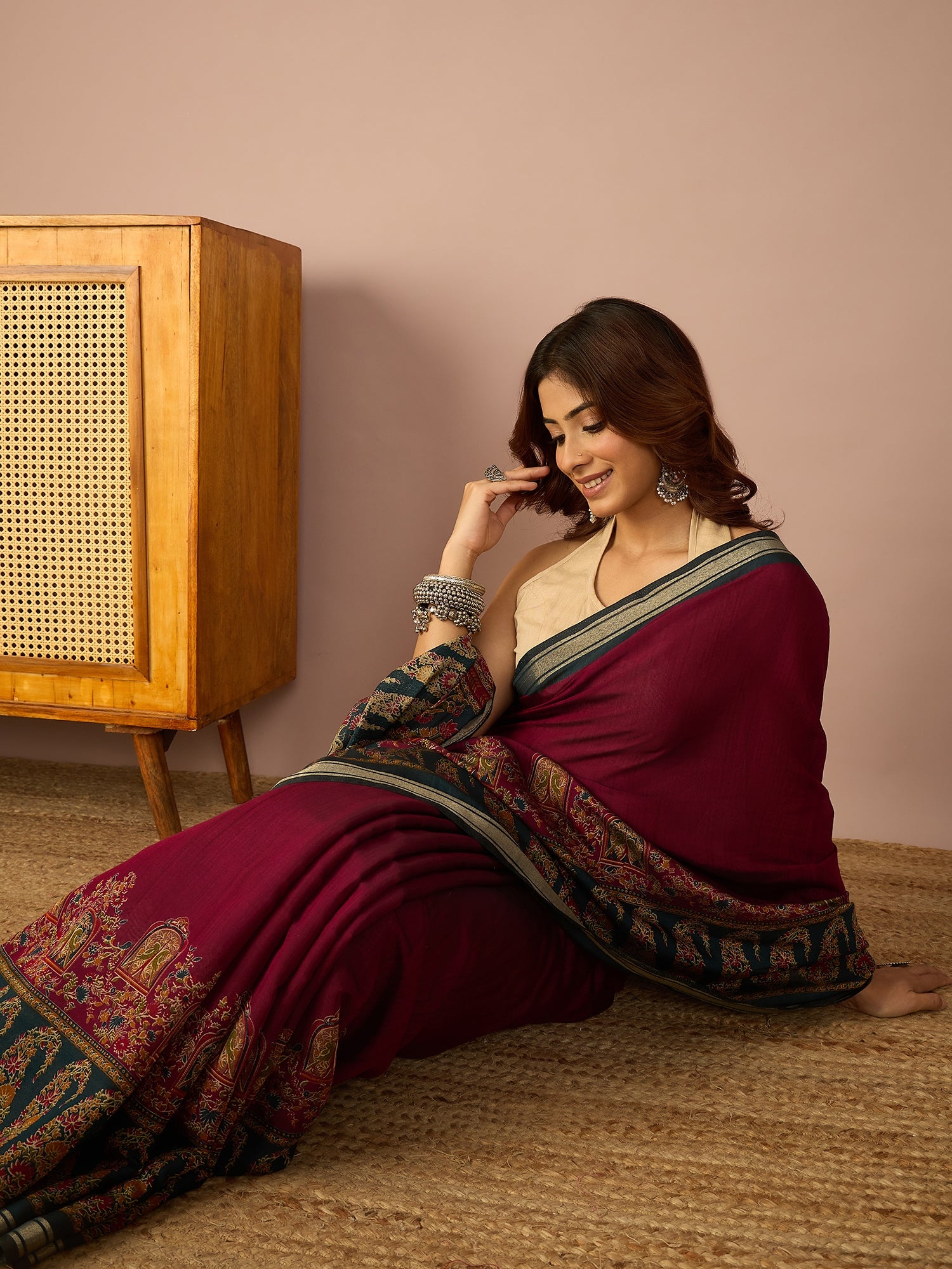 Wine Paisley Border Saree