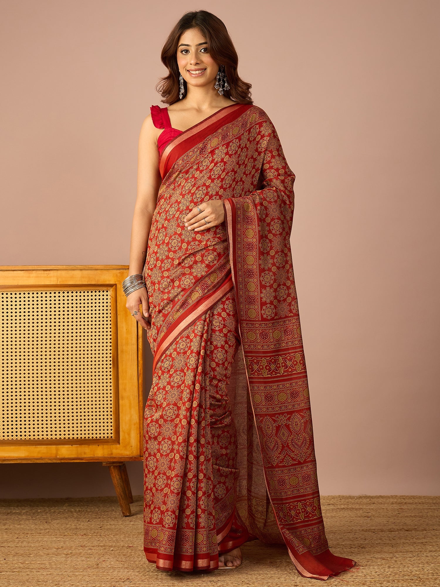 Rust Ajrakh Zari Border Saree