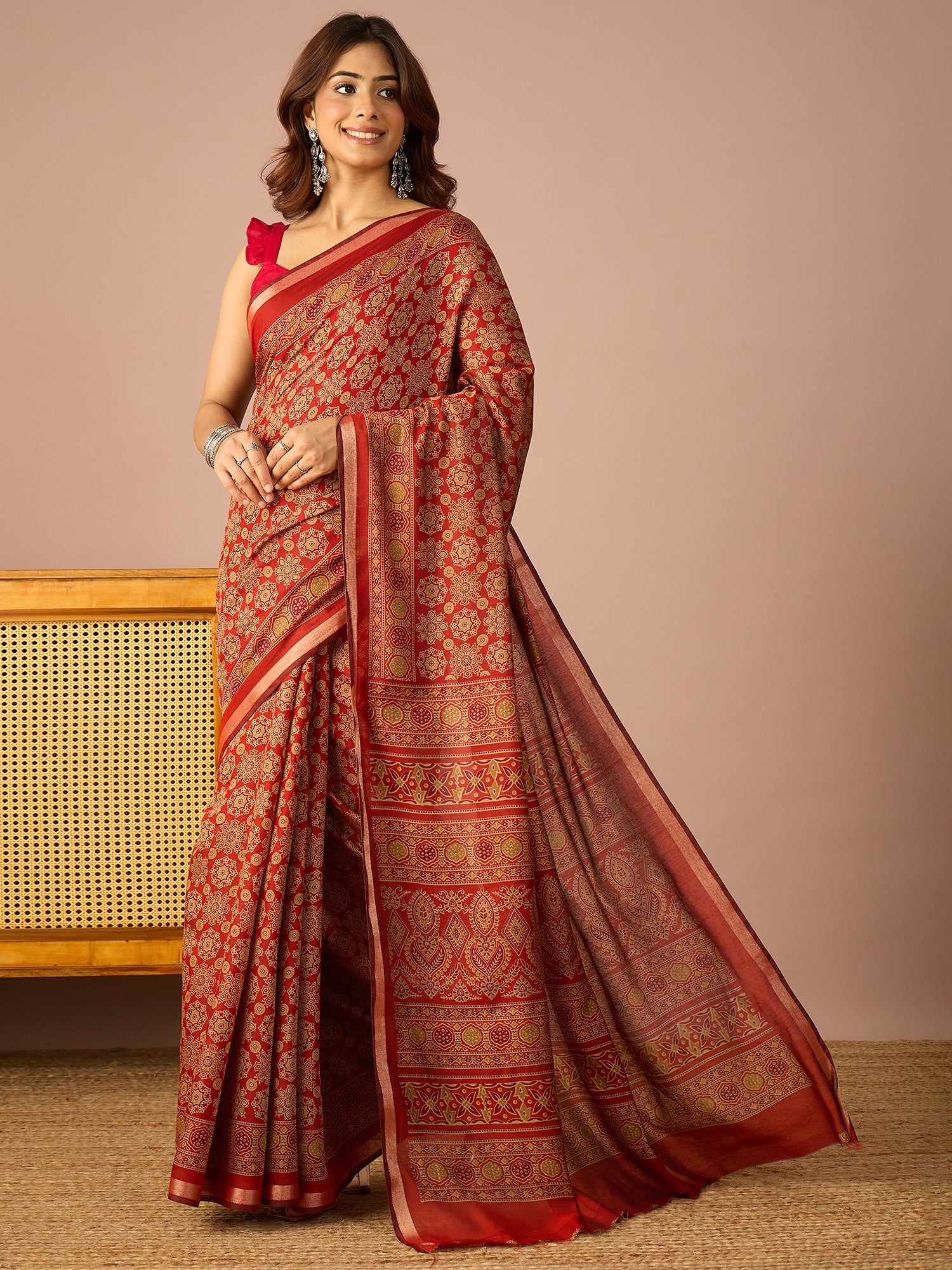 Rust Ajrakh Zari Border Saree