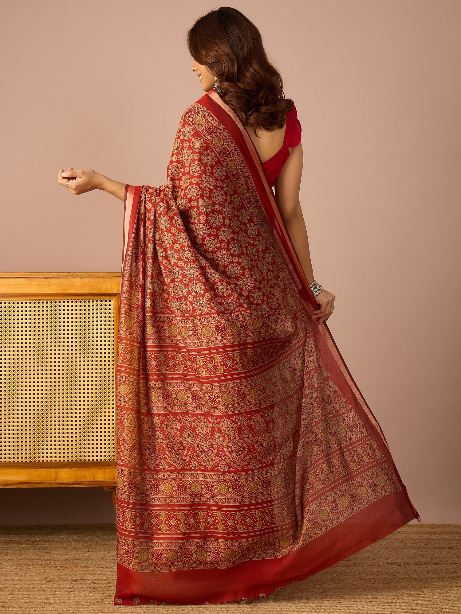 Rust Ajrakh Zari Border Saree
