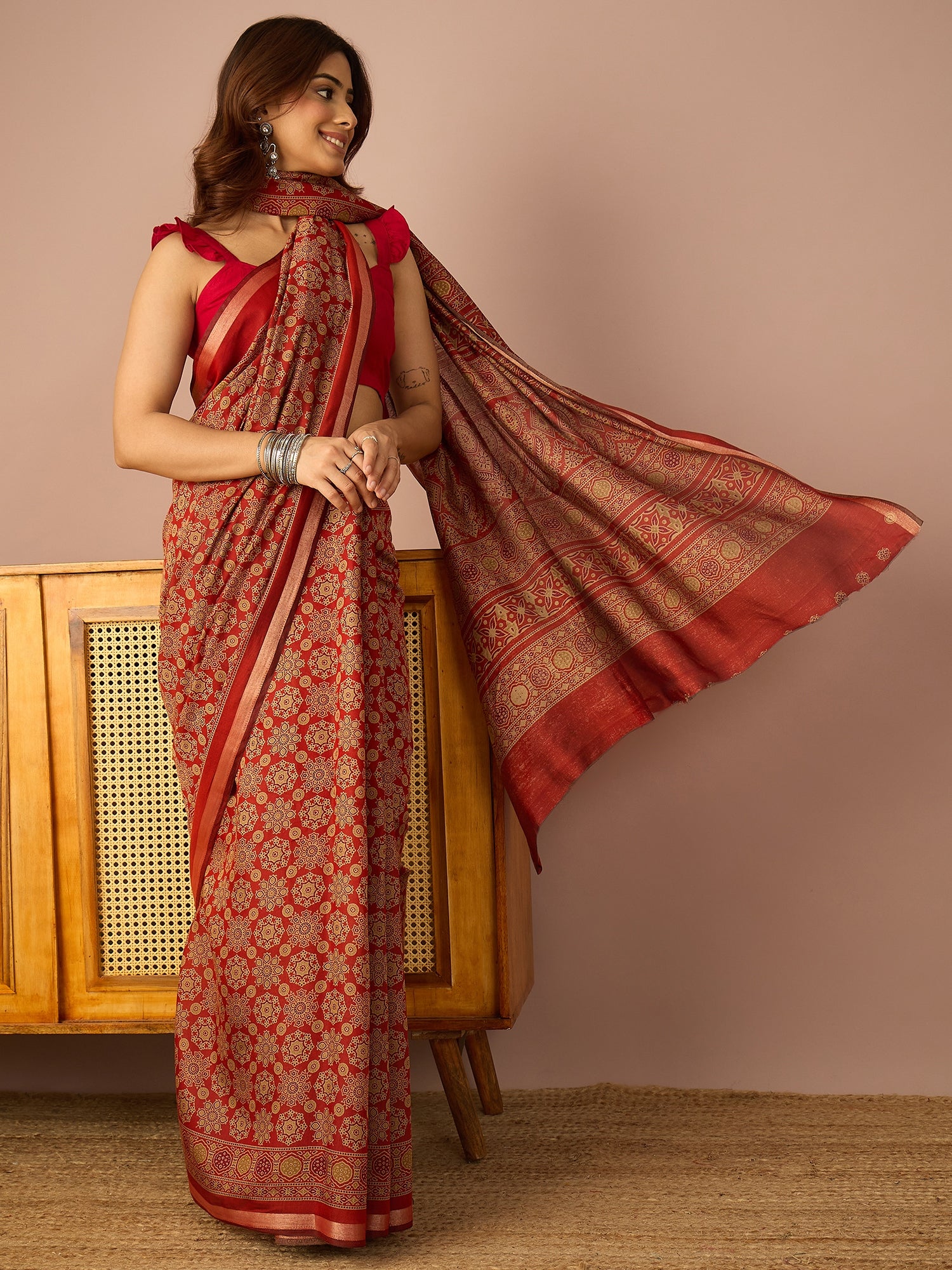 Rust Ajrakh Zari Border Saree