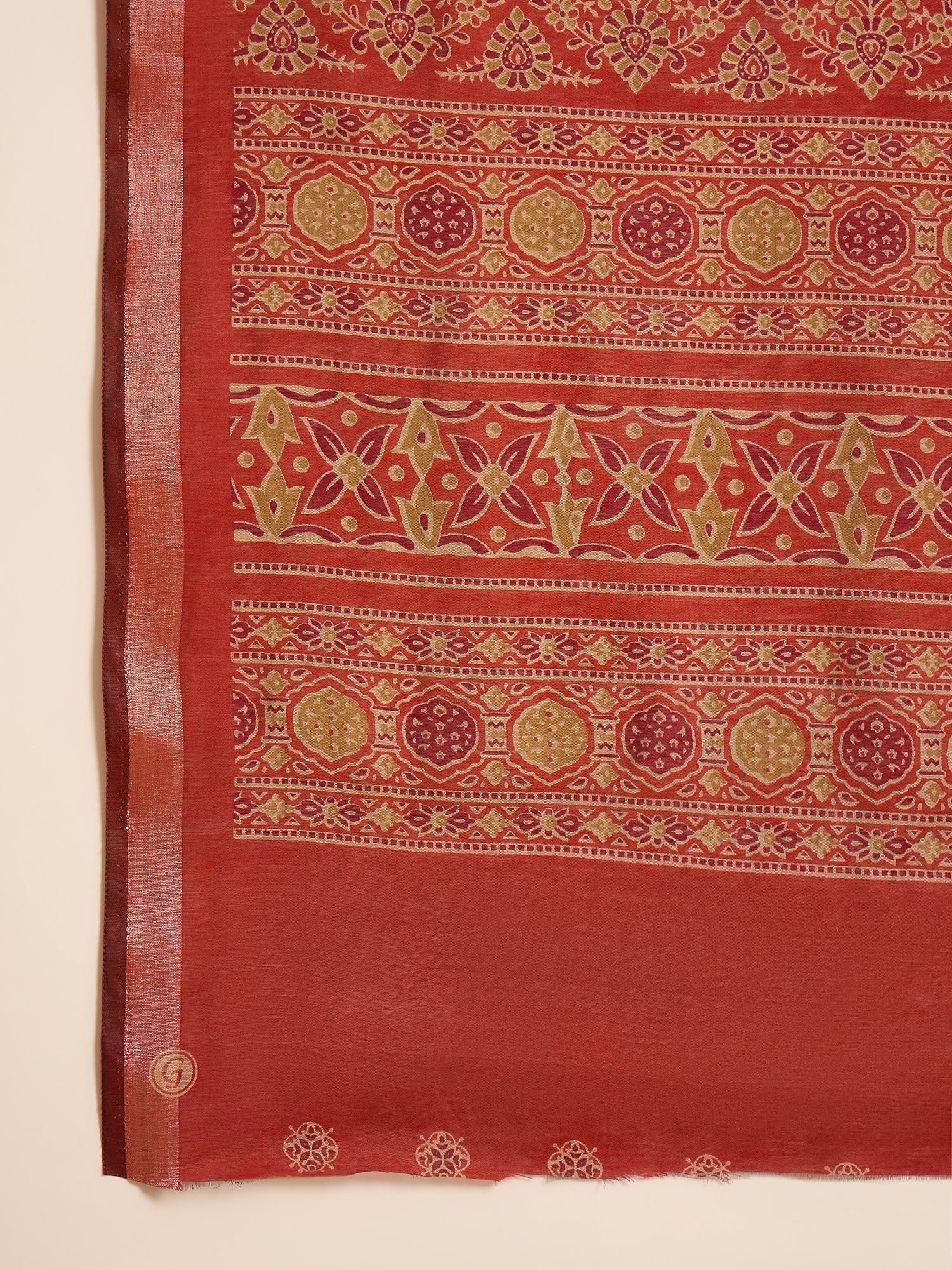 Rust Ajrakh Zari Border Saree