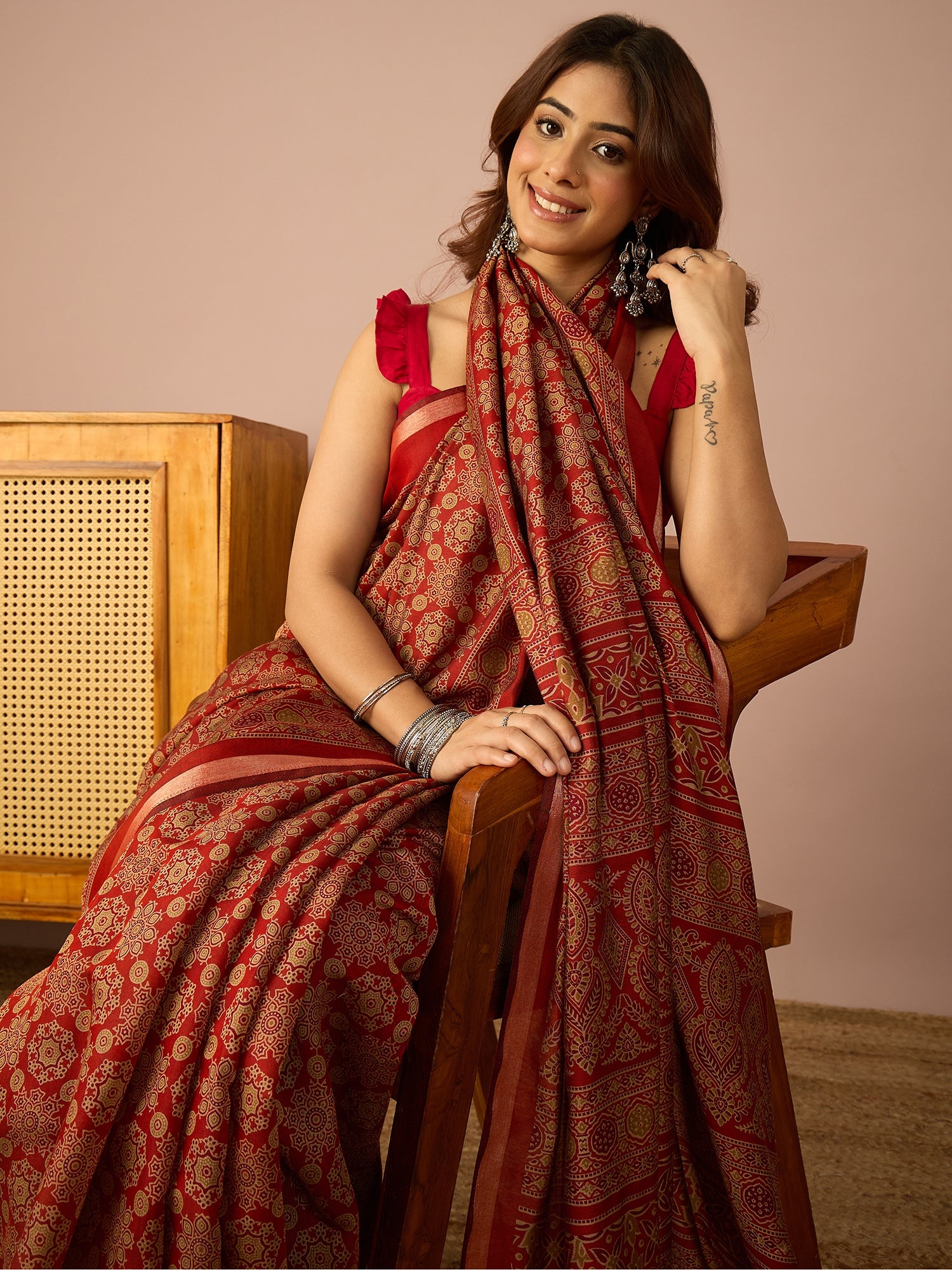 Rust Ajrakh Zari Border Saree