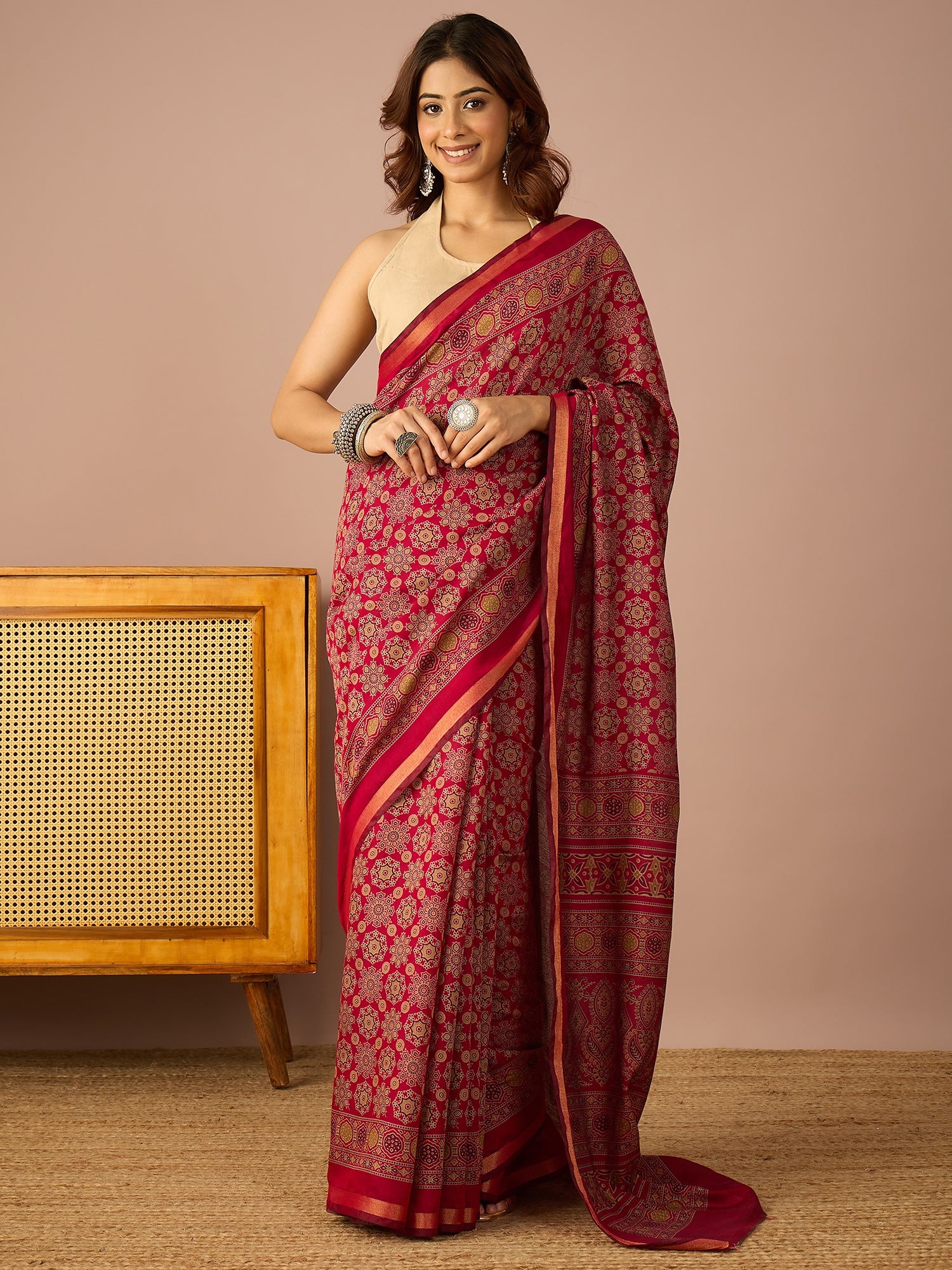 Pink Ajrakh Zari Border Saree