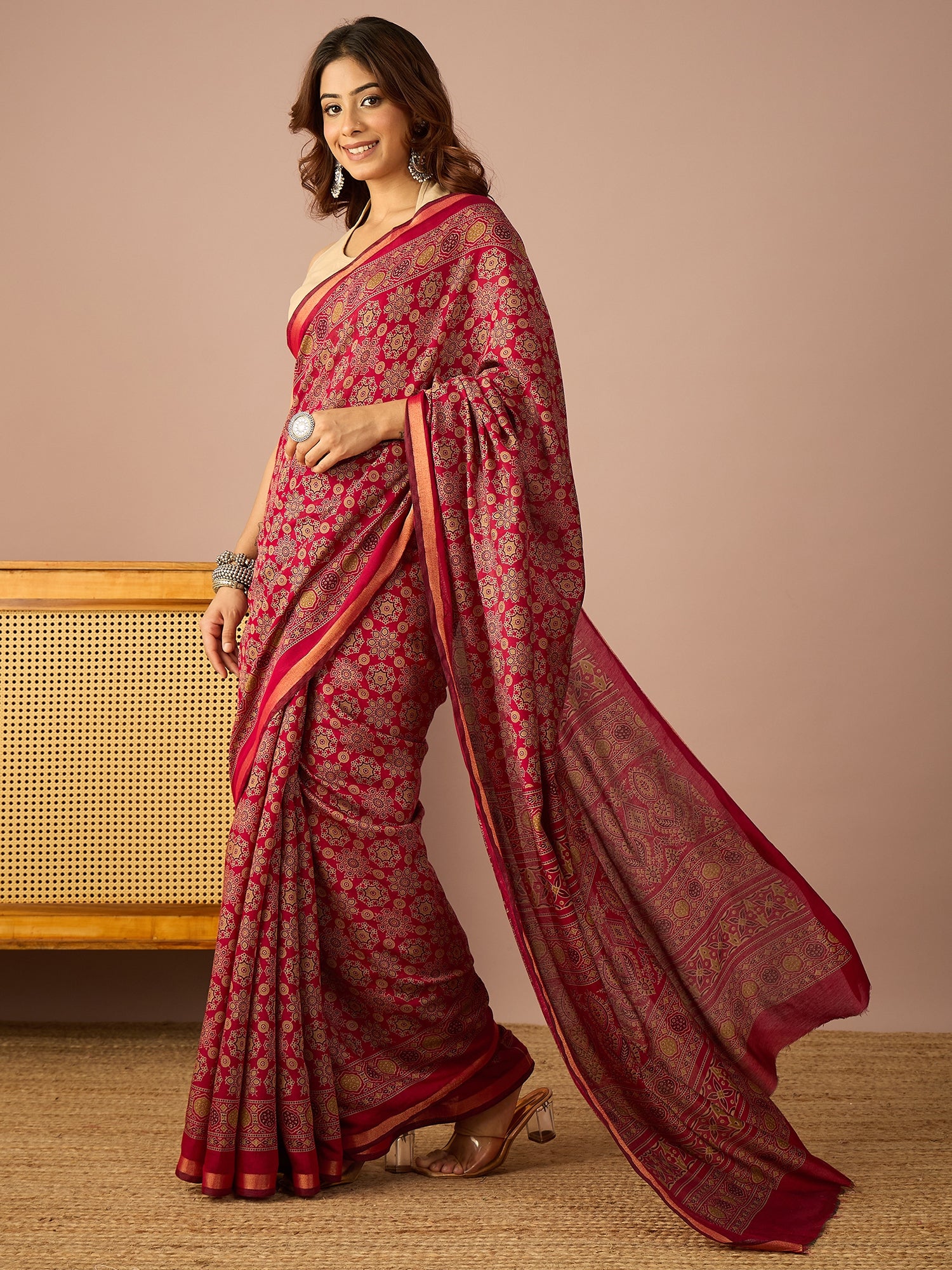 Pink Ajrakh Zari Border Saree