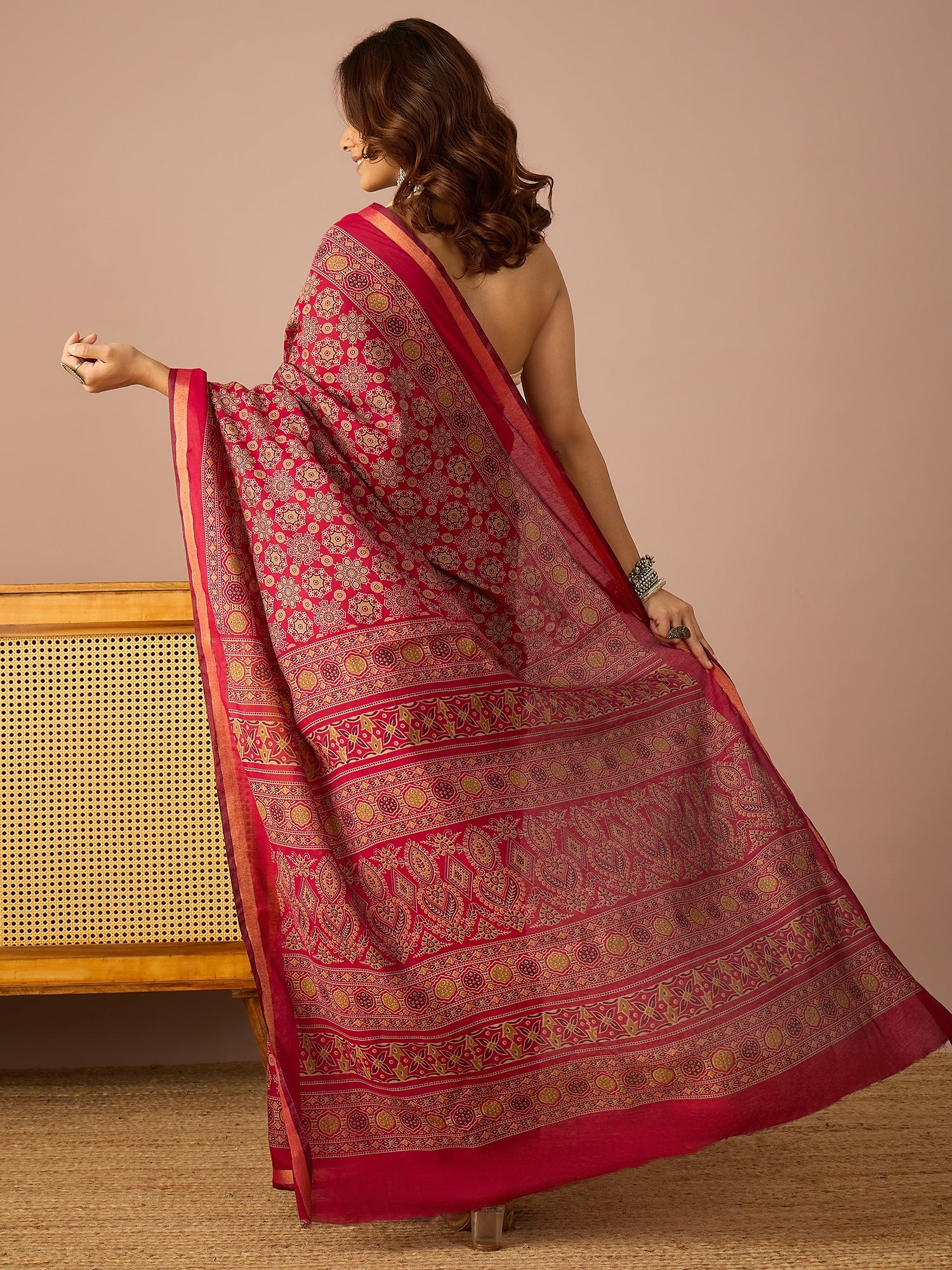 Pink Ajrakh Zari Border Saree