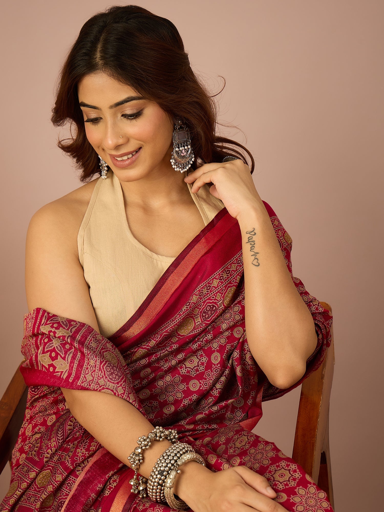 Pink Ajrakh Zari Border Saree