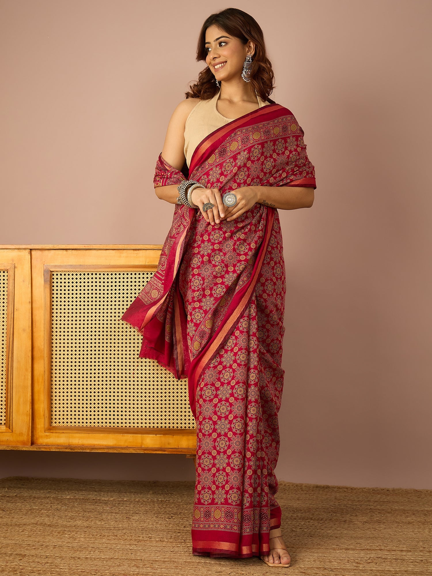 Pink Ajrakh Zari Border Saree