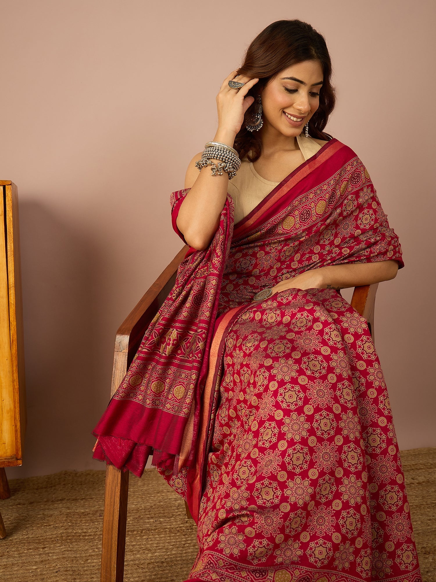 Pink Ajrakh Zari Border Saree