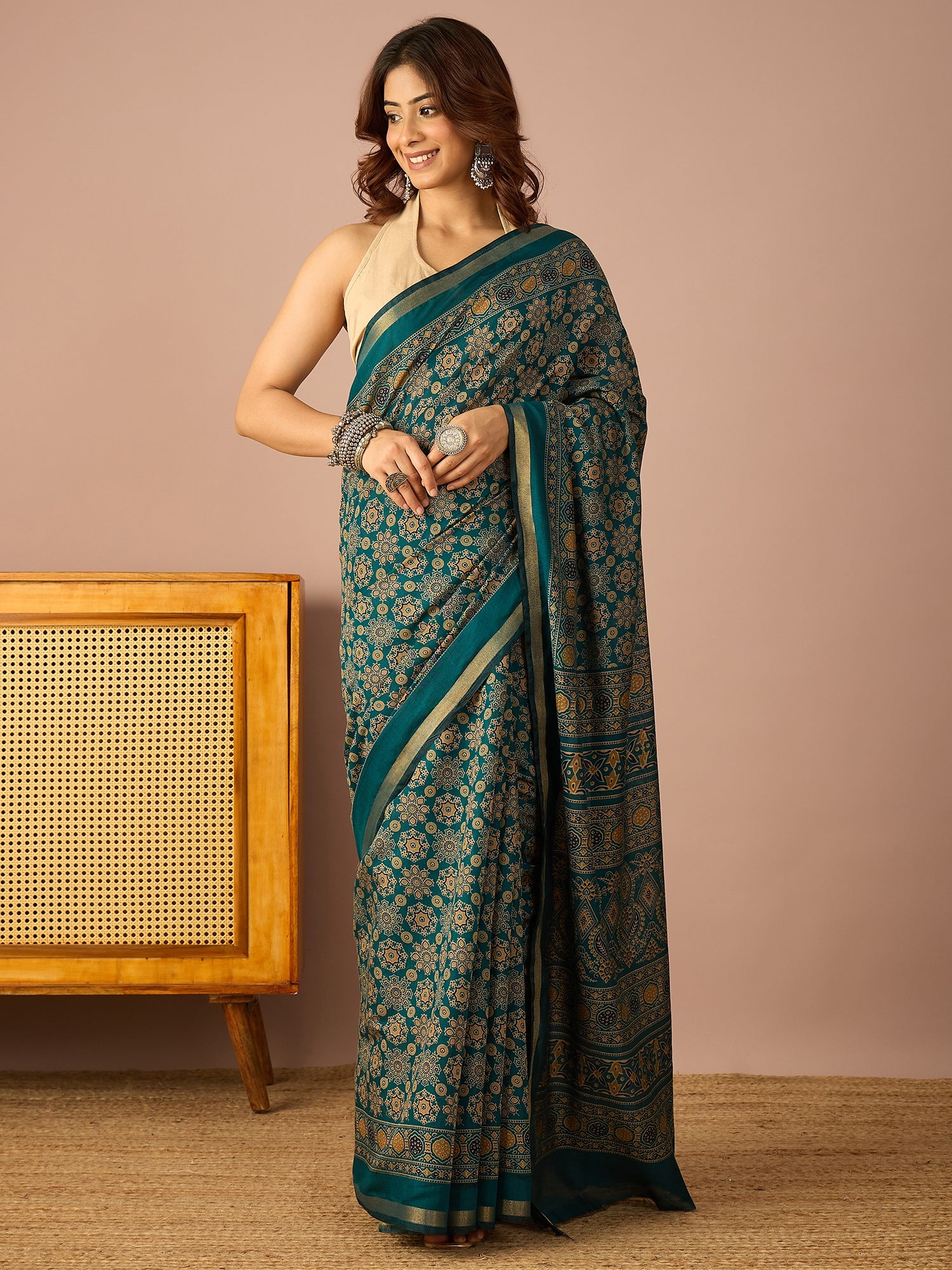Teal Ajrakh Zari Border Saree