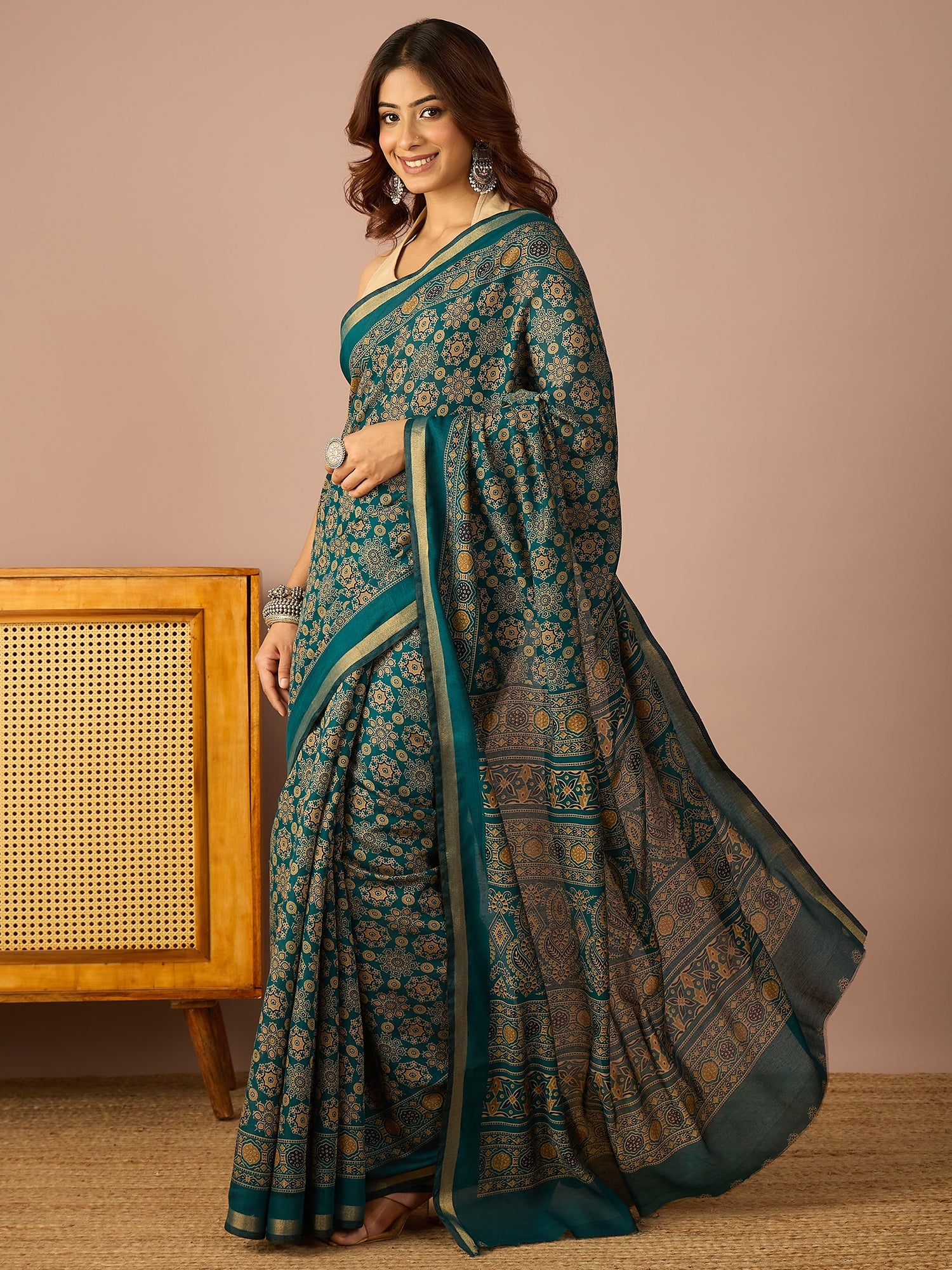Teal Ajrakh Zari Border Saree