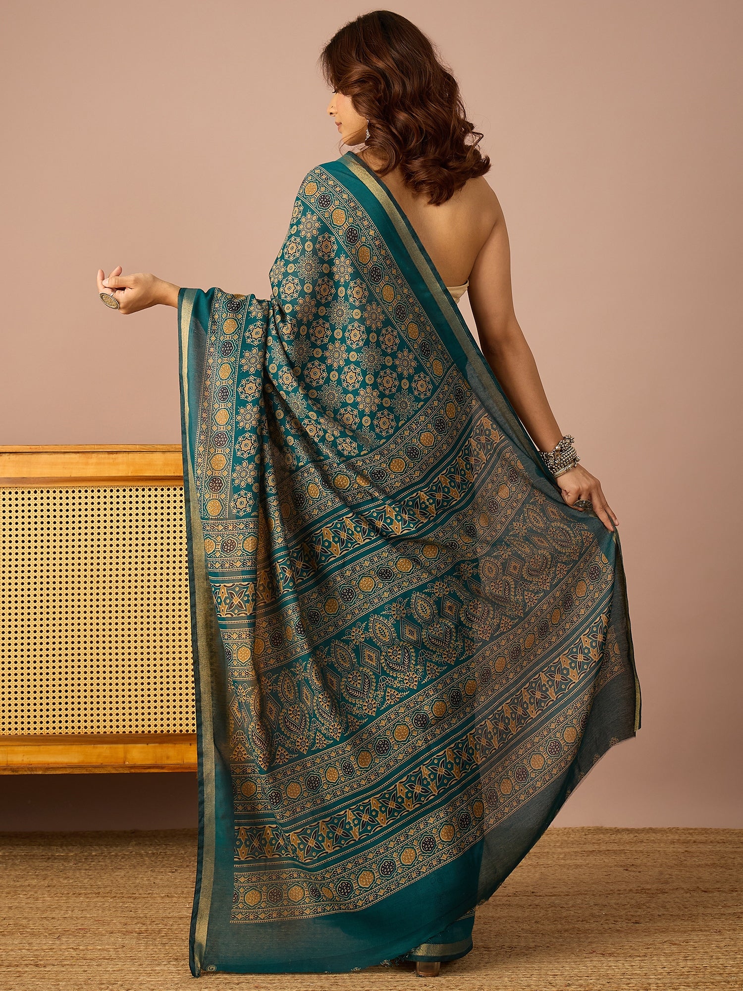 Teal Ajrakh Zari Border Saree