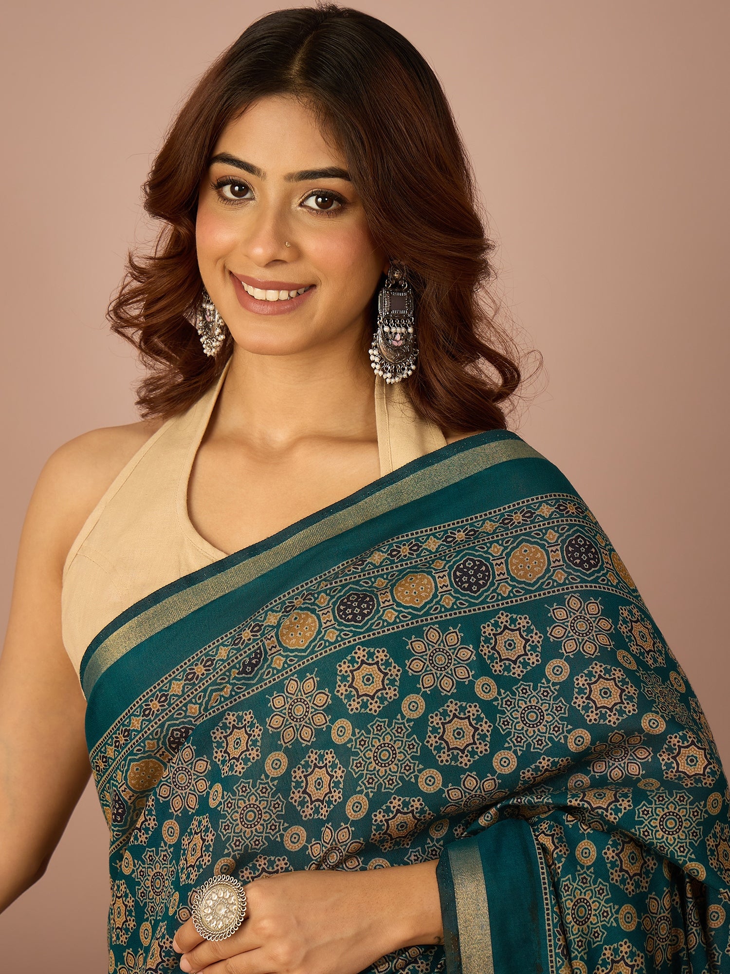 Teal Ajrakh Zari Border Saree