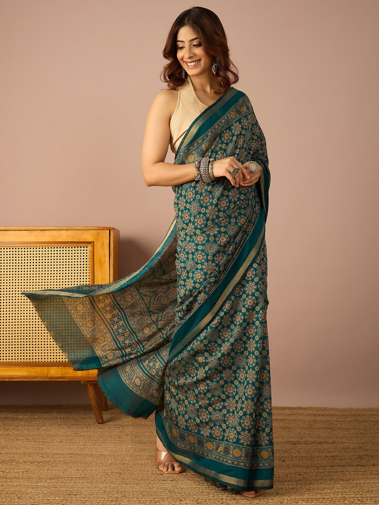 Teal Ajrakh Zari Border Saree