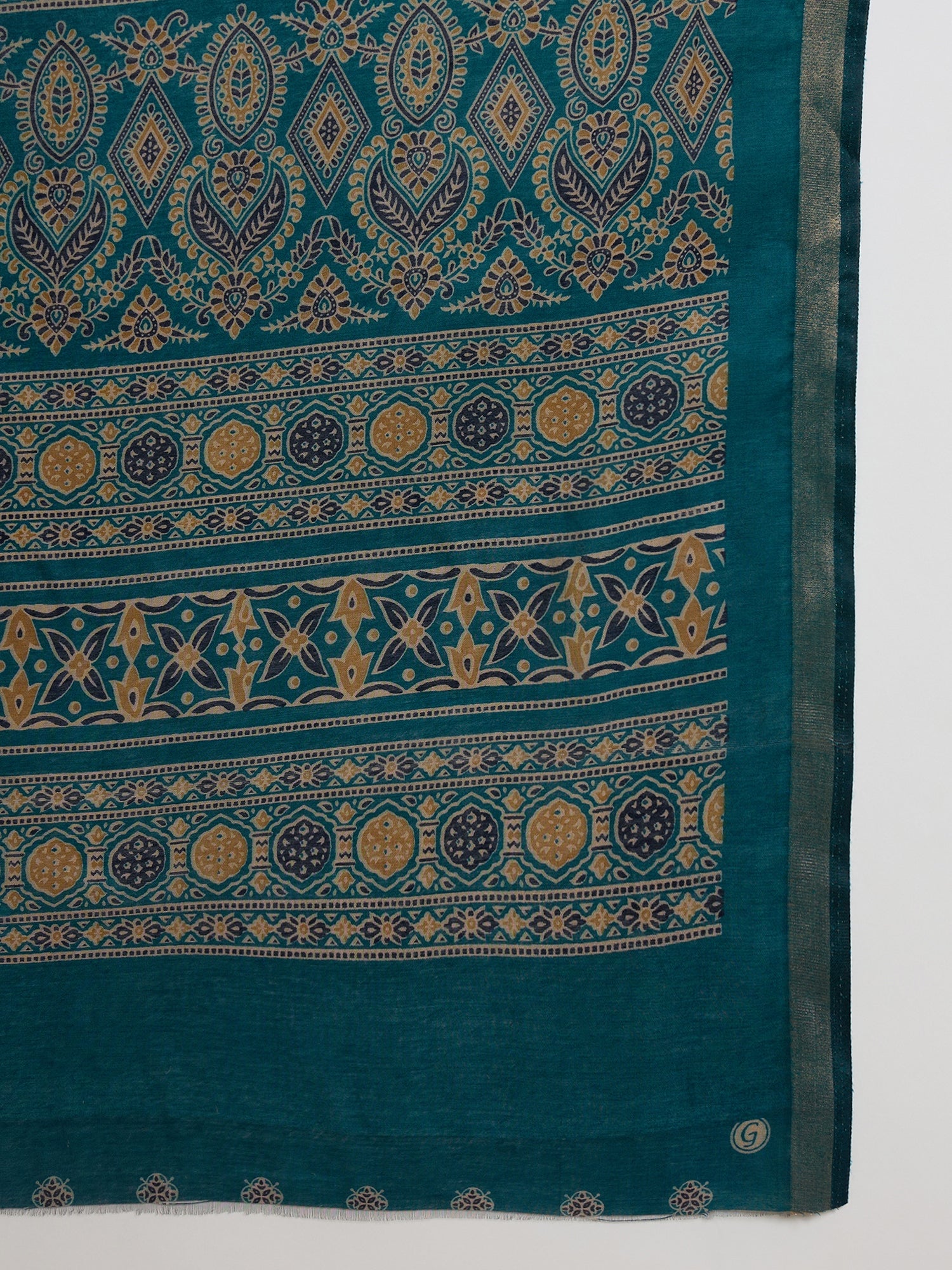 Teal Ajrakh Zari Border Saree