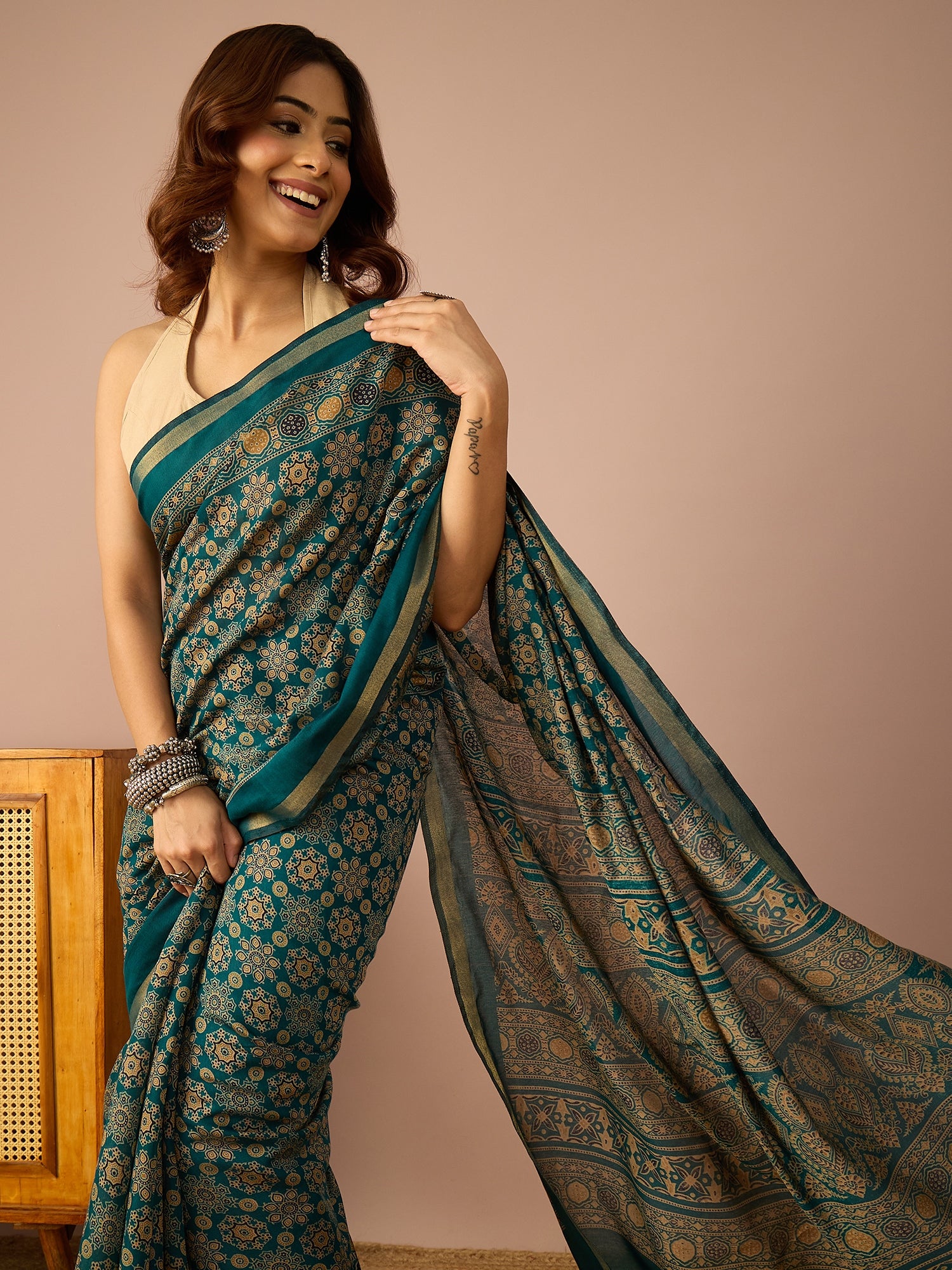 Teal Ajrakh Zari Border Saree