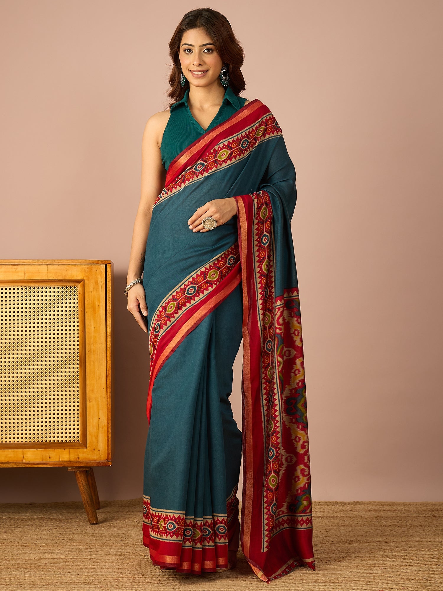 Teal Patola Print Border Saree
