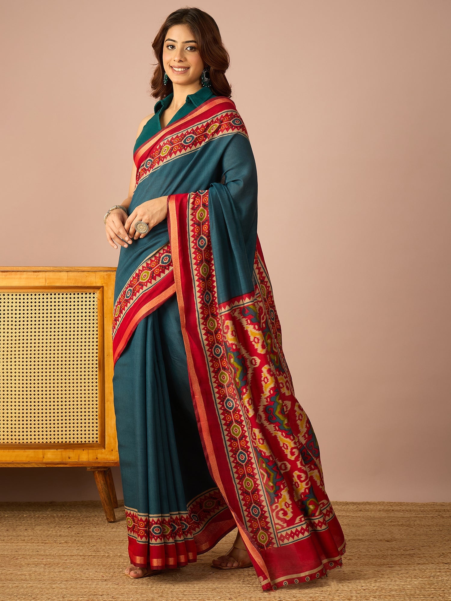 Teal Patola Print Border Saree