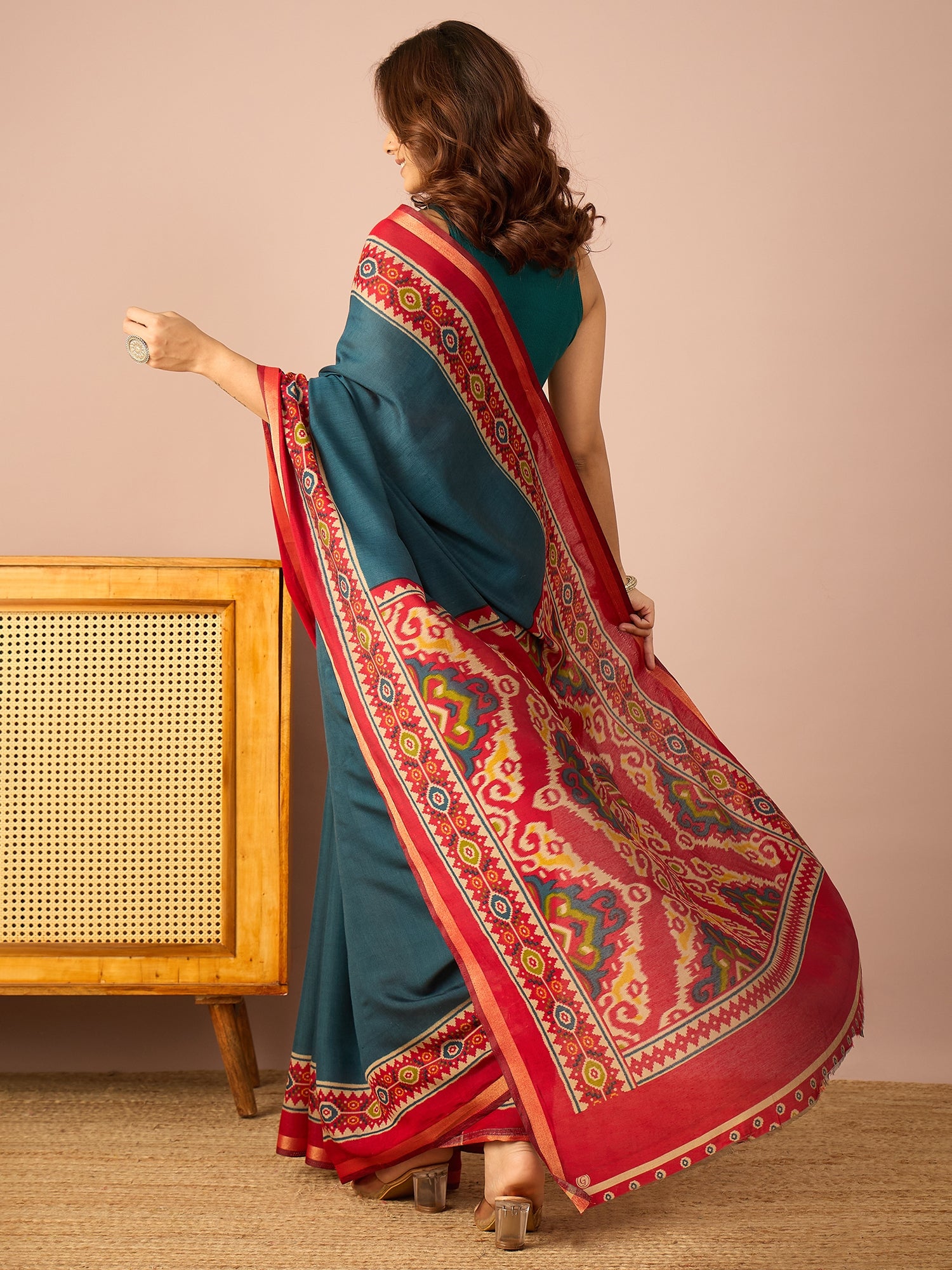 Teal Patola Print Border Saree