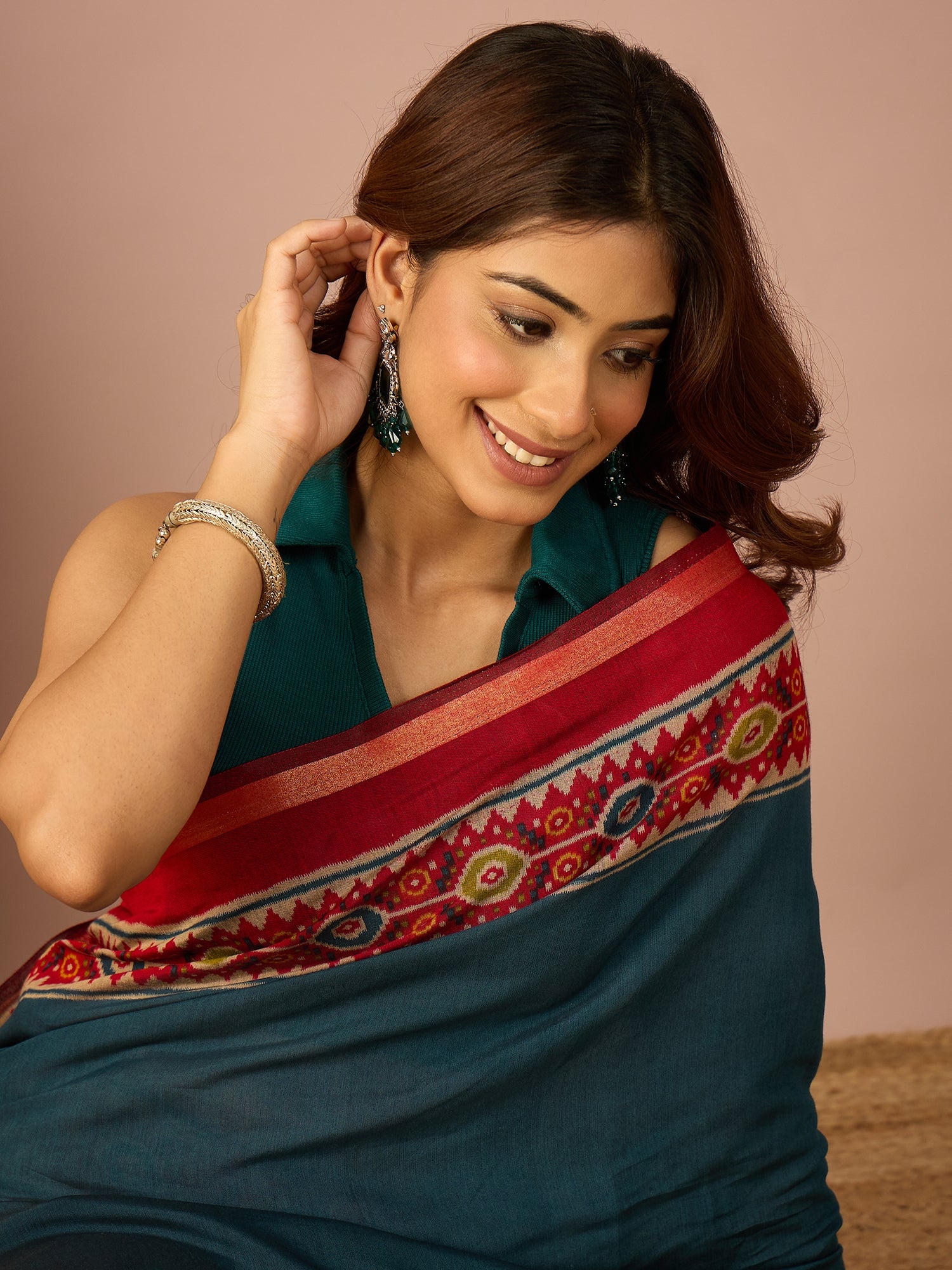 Teal Patola Print Border Saree