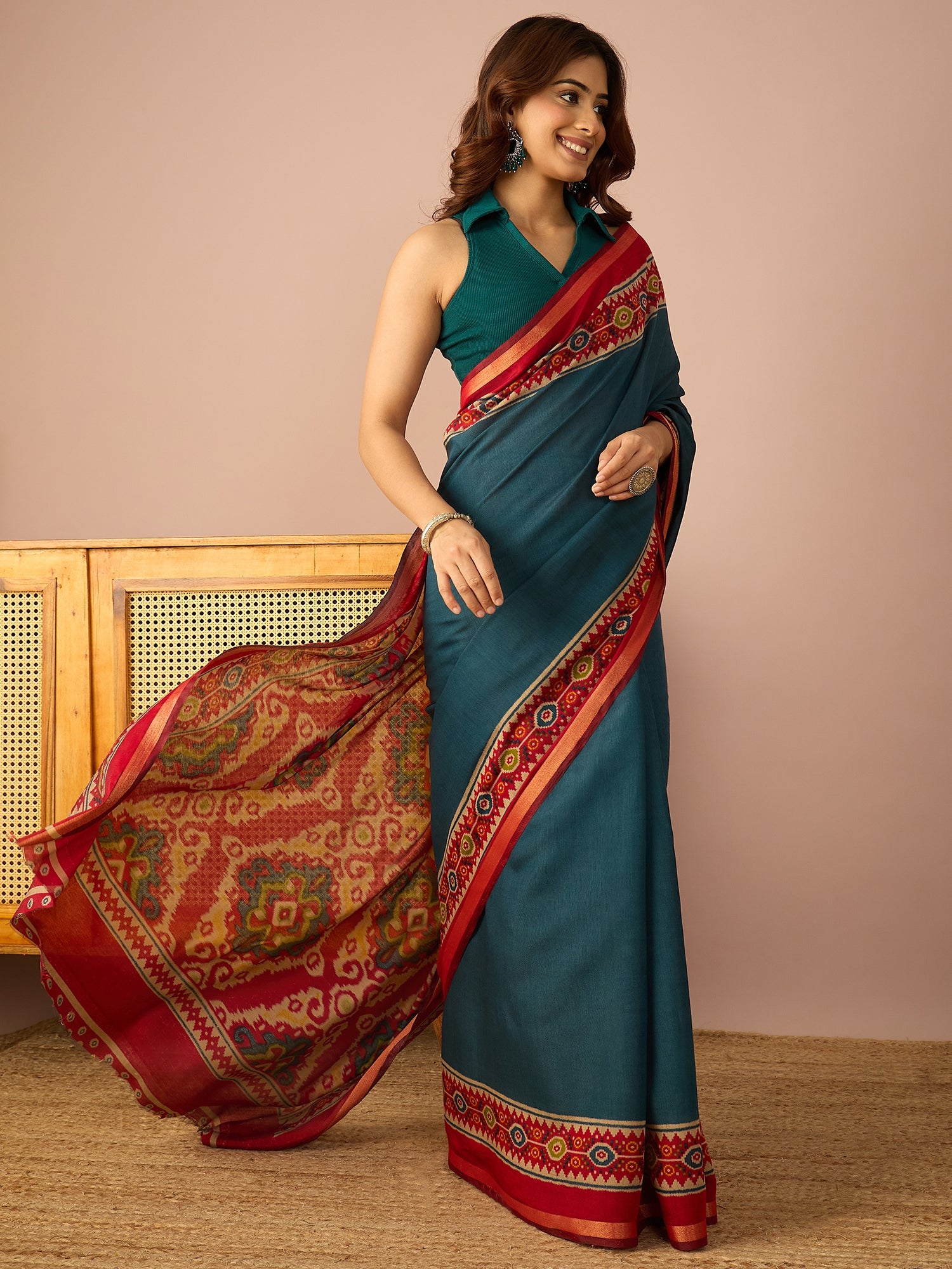 Teal Patola Print Border Saree