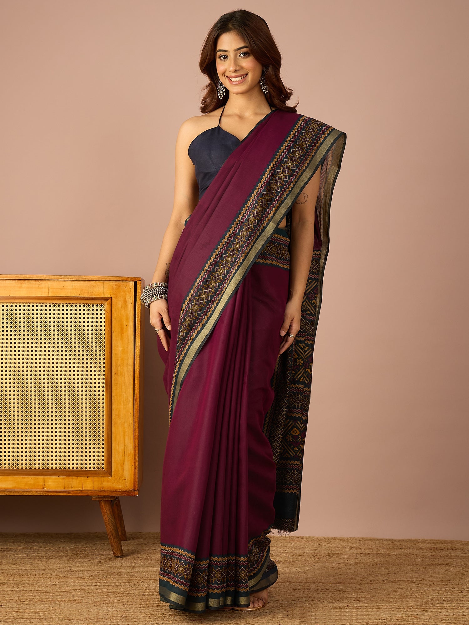 Wine Kullu Weave Border Saree
