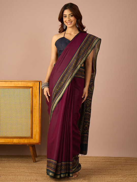 Wine Kullu Weave Border Saree