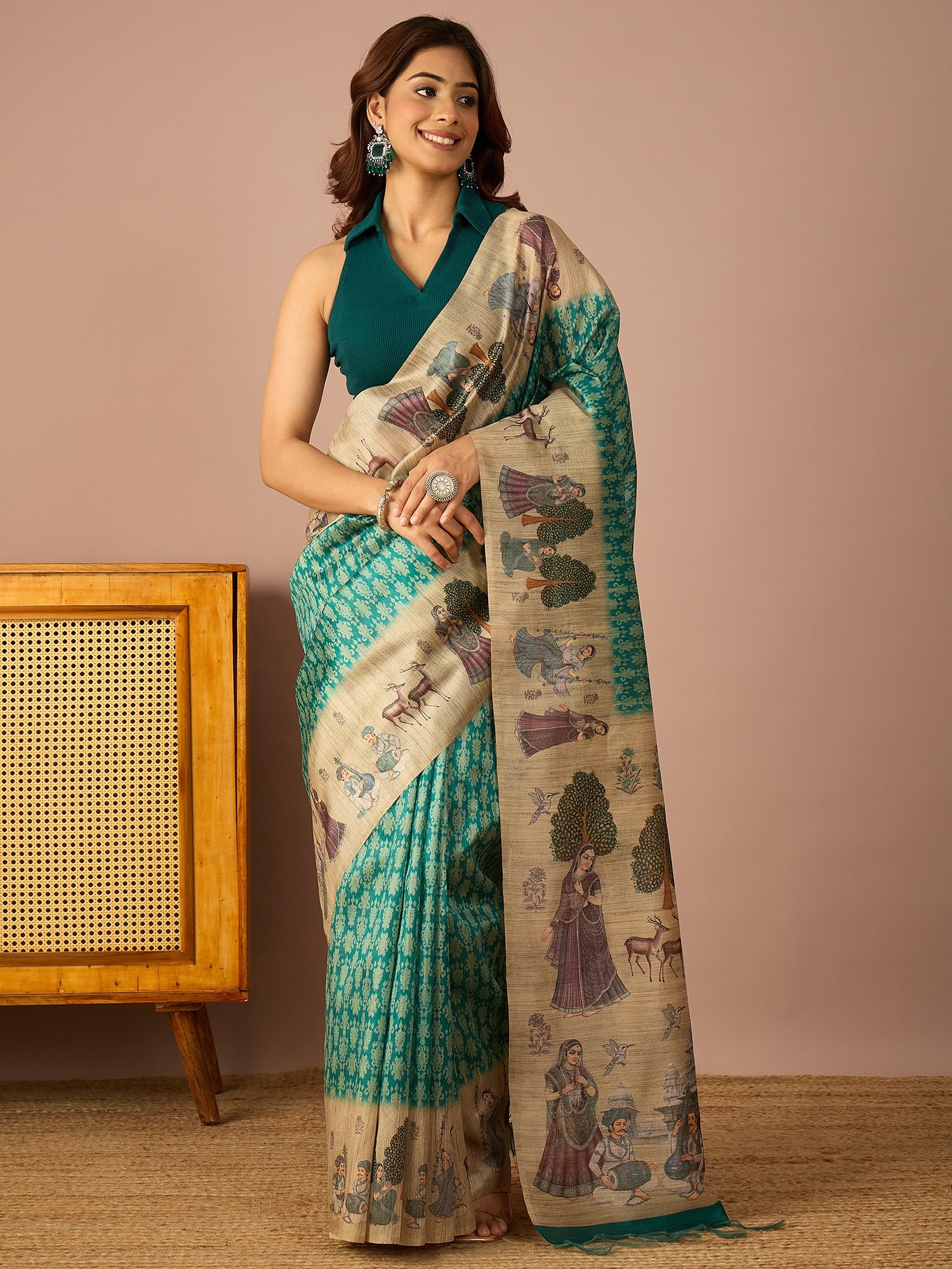 Teal Miniature Print Border Saree