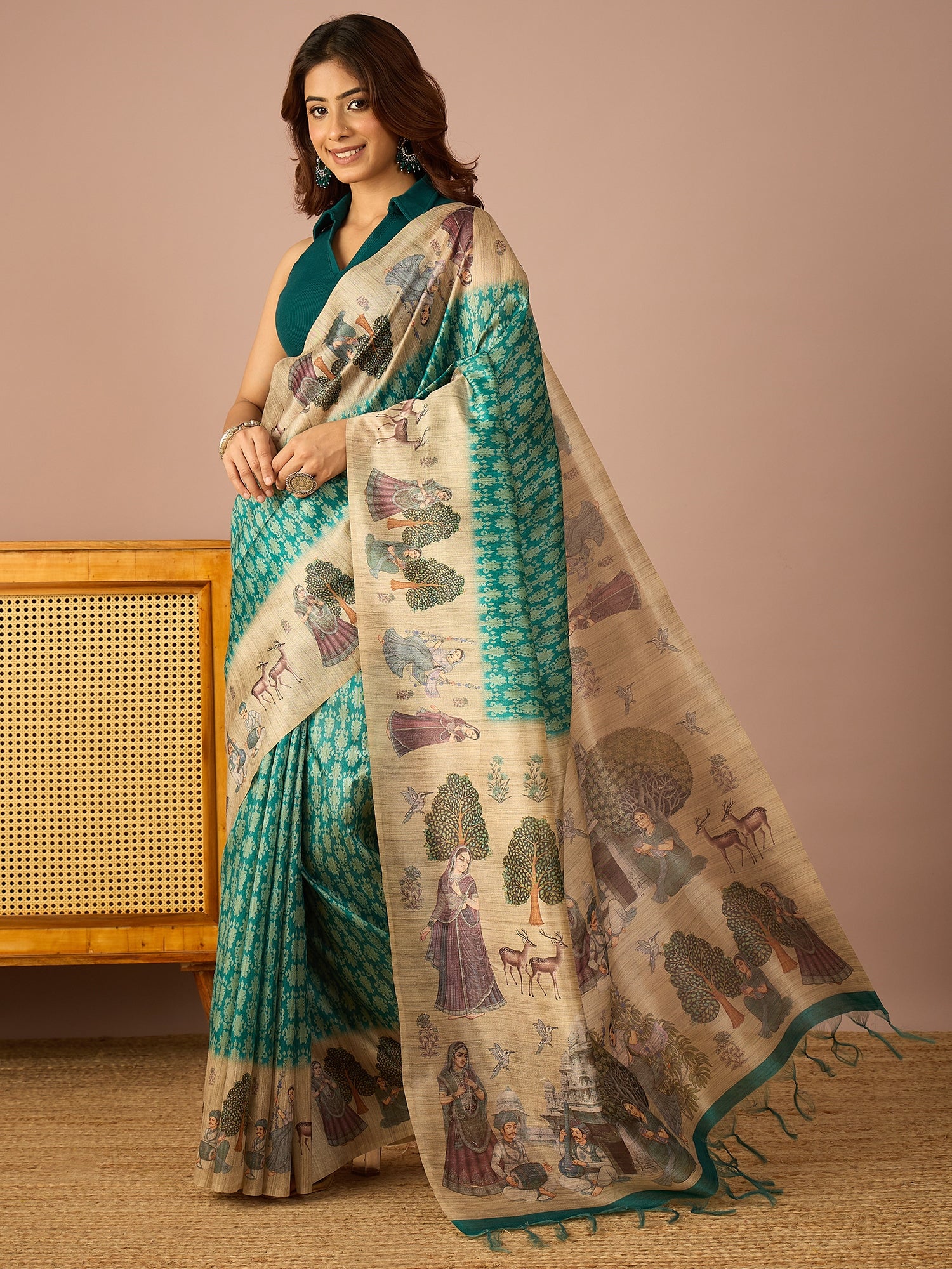 Teal Miniature Print Border Saree