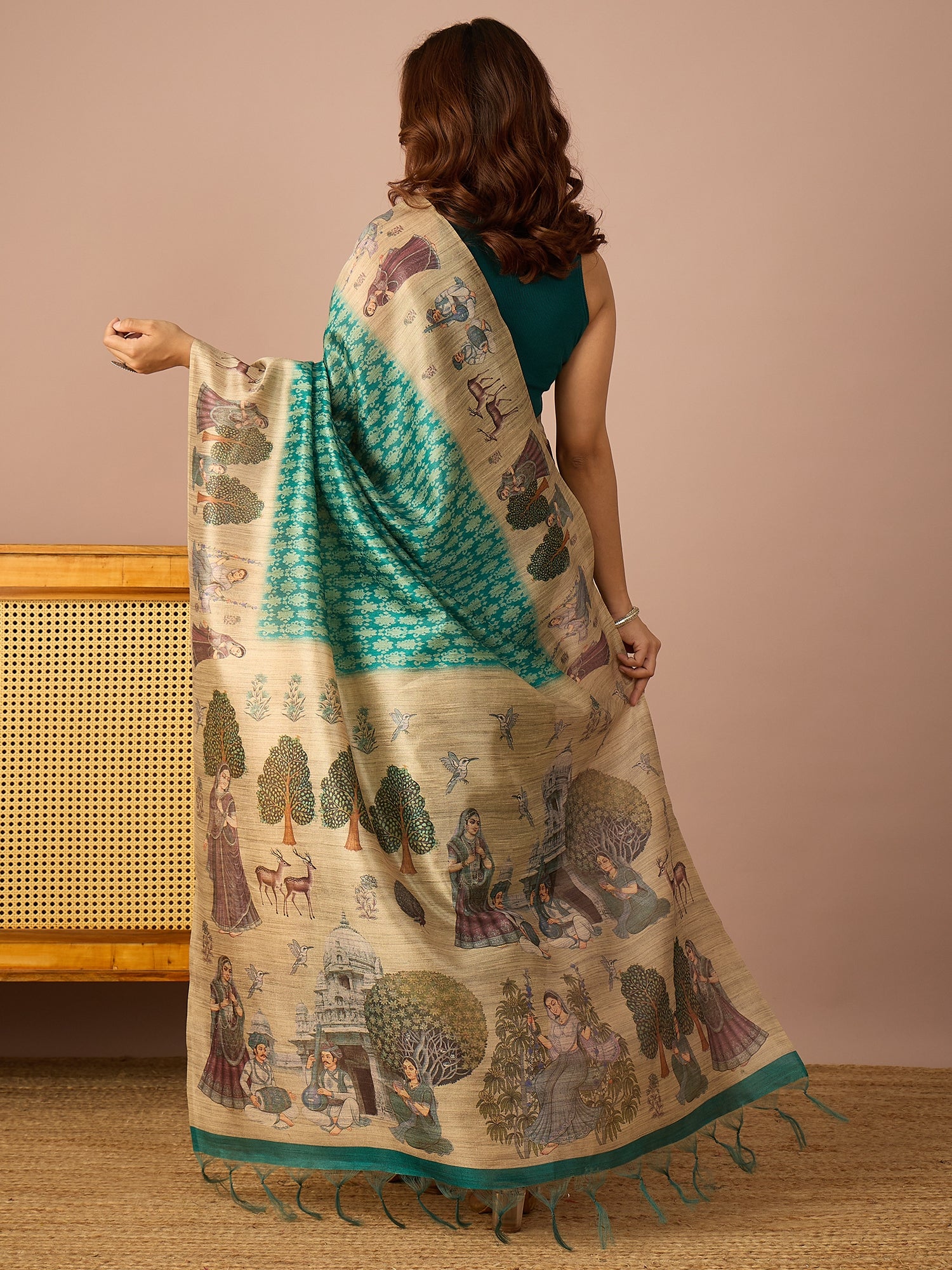 Teal Miniature Print Border Saree