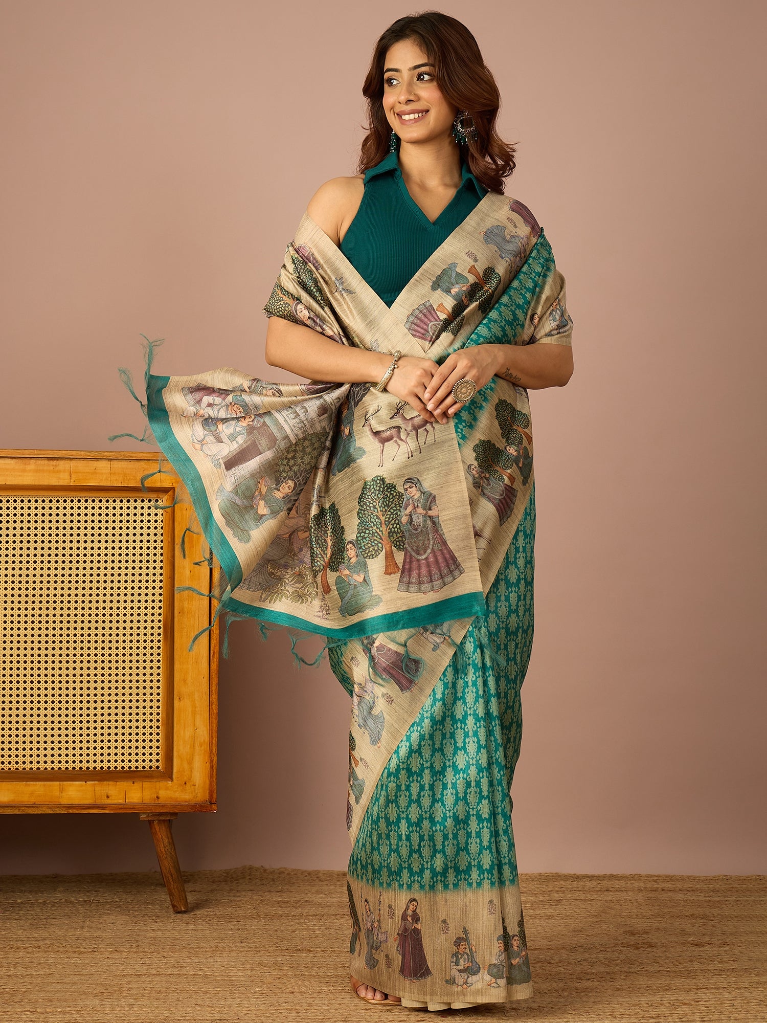 Teal Miniature Print Border Saree
