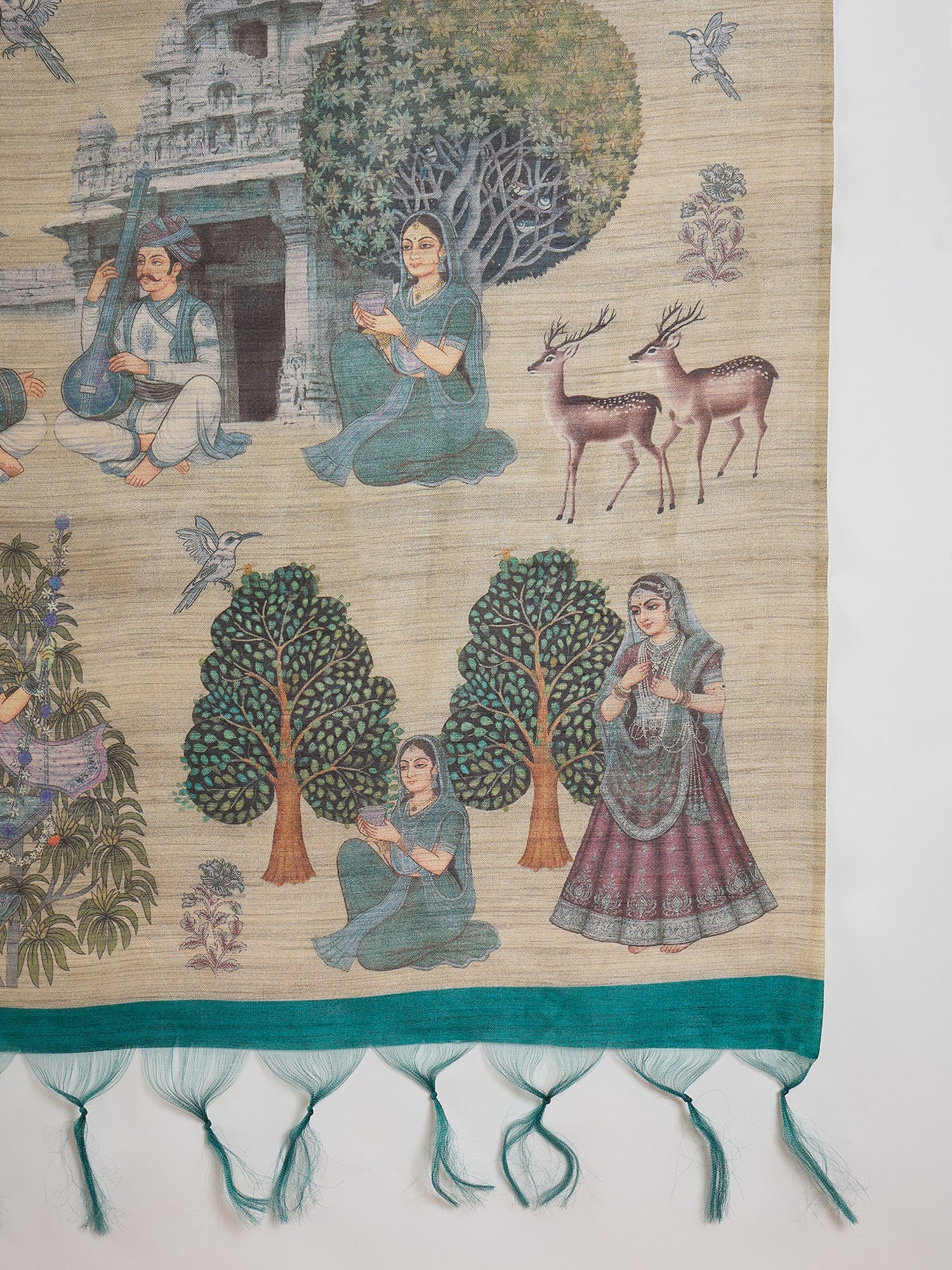 Teal Miniature Print Border Saree